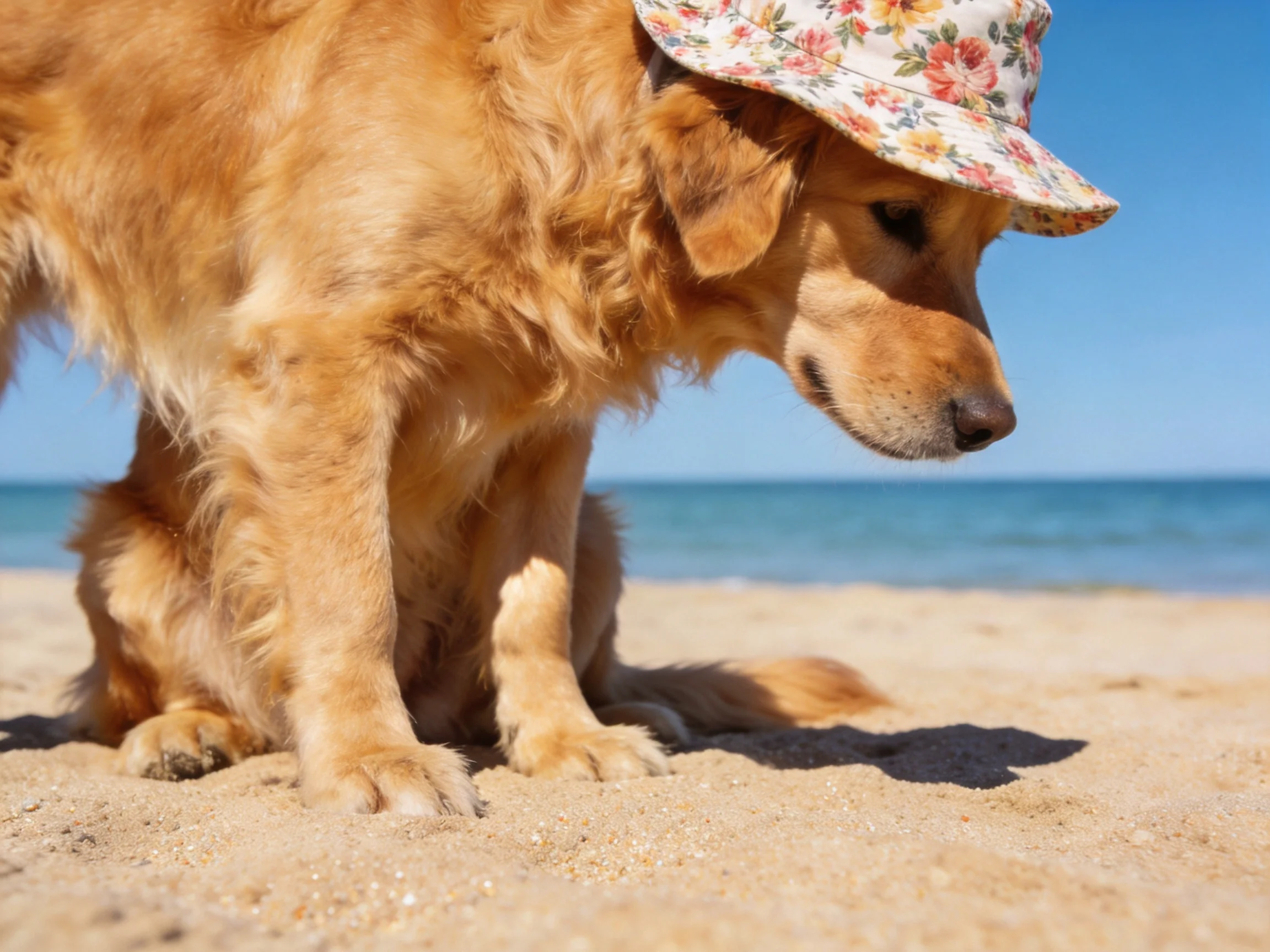 Golden retriever puppy in floral hat on sunny sandy beach