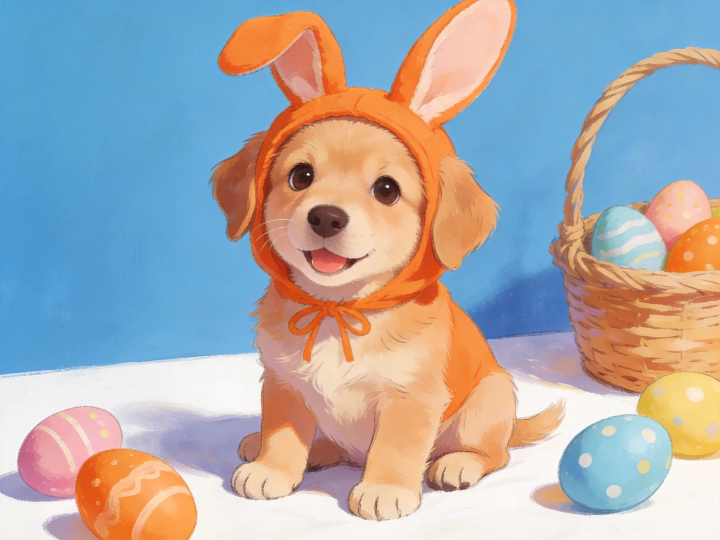 A golden retriever puppy in an orange bunny hoodie sits among colorful Easter eggs.