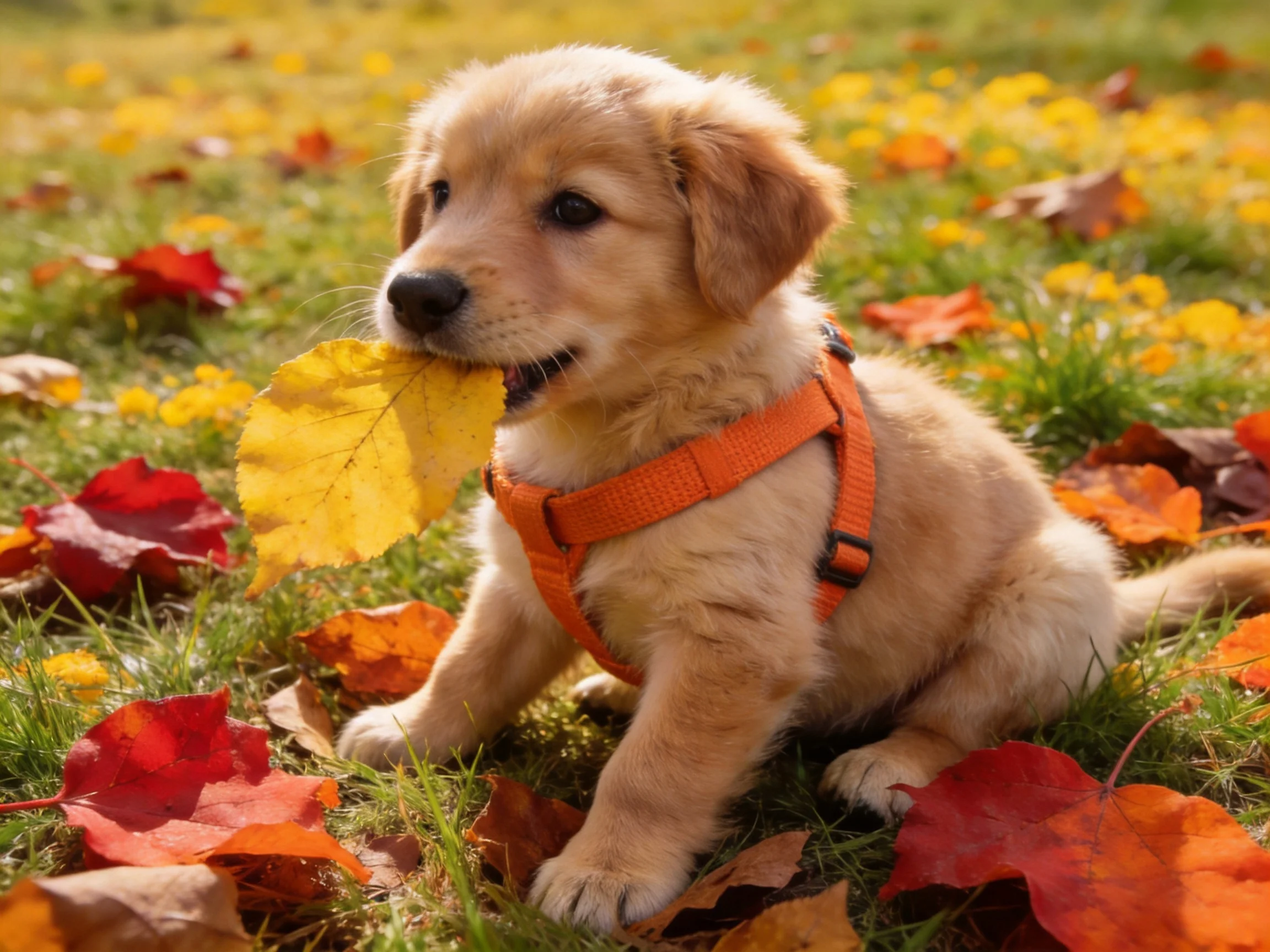 Golden retriever puppy in orange harness among colorful autumn leaves