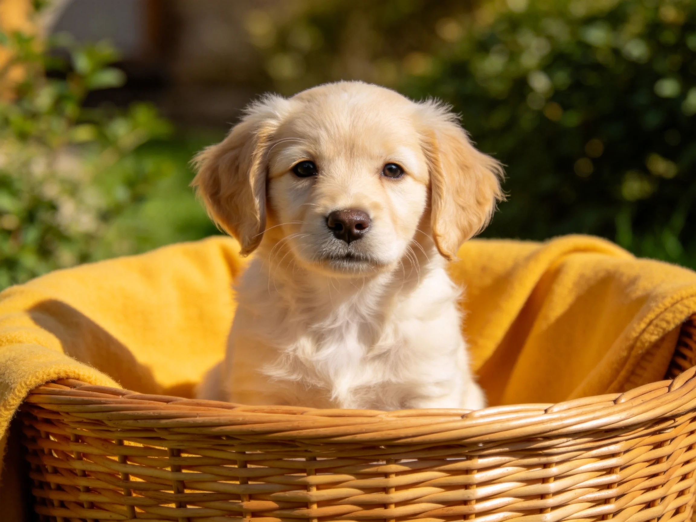 Golden retriever puppy sits in a wicker basket with a yellow blanket outdoors.