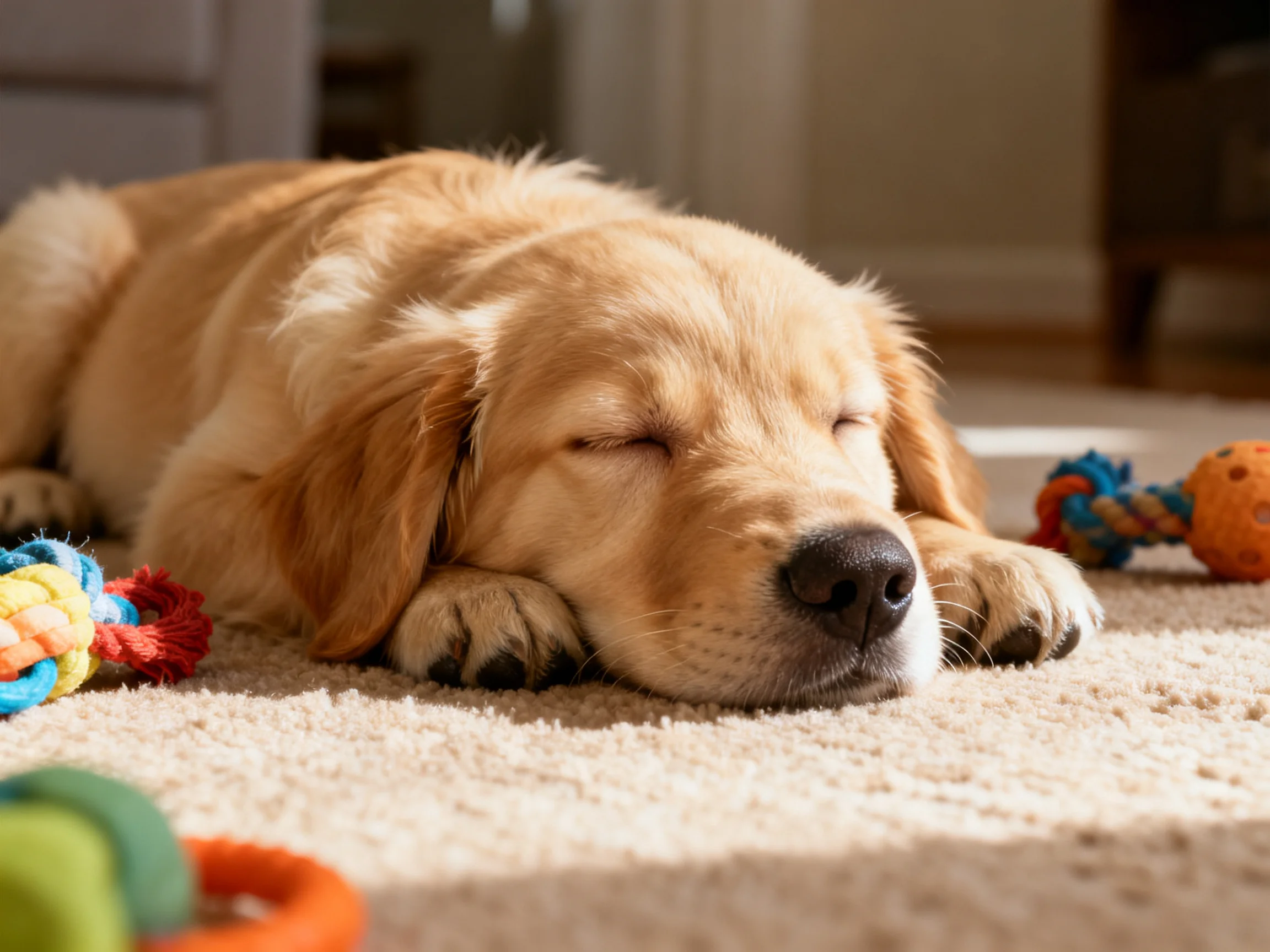 Golden retriever puppy napping beside colorful toys on a plush carpet