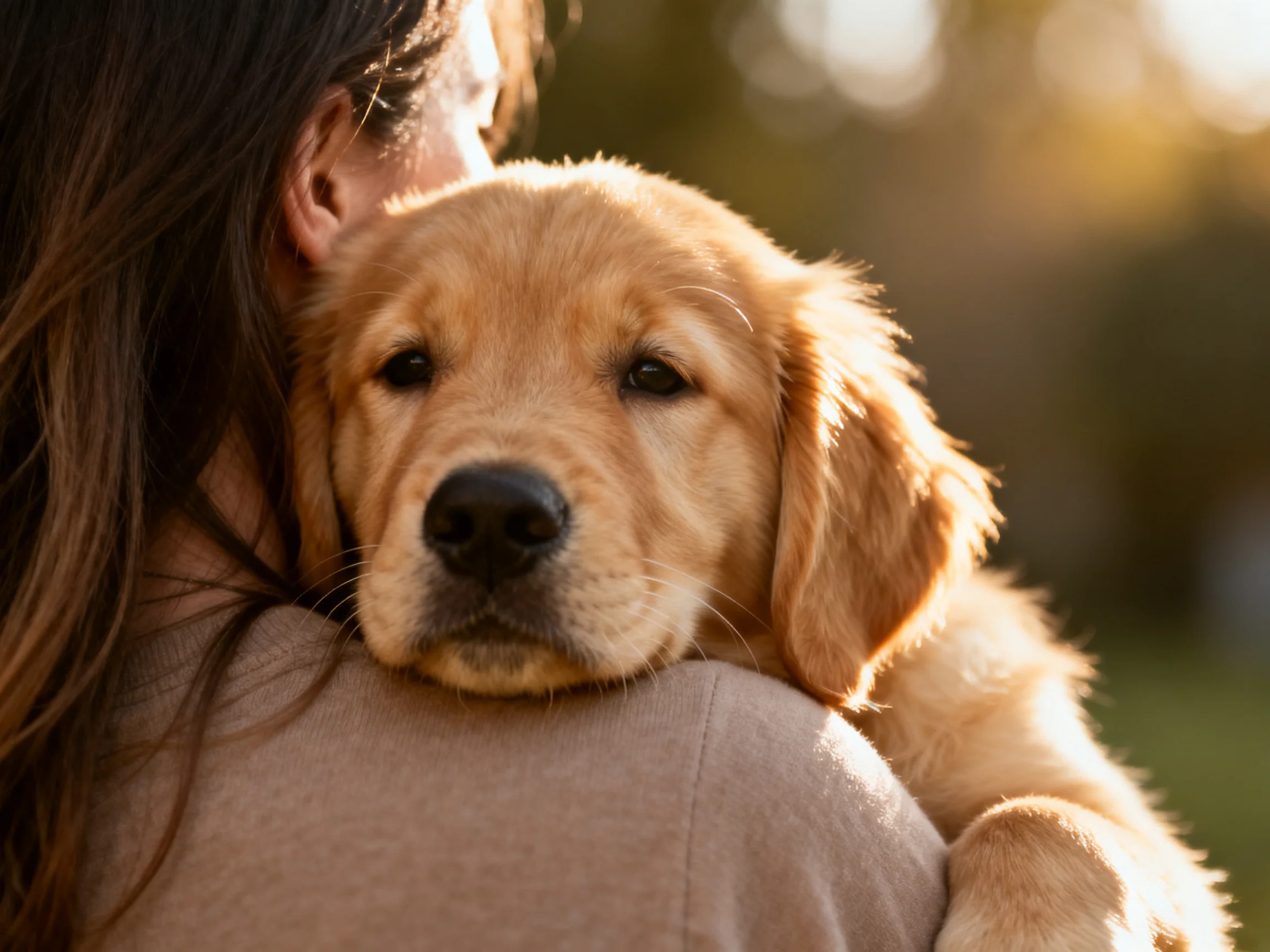 A golden retriever puppy rests comfortably on a woman’s shoulder in an outdoor setting.