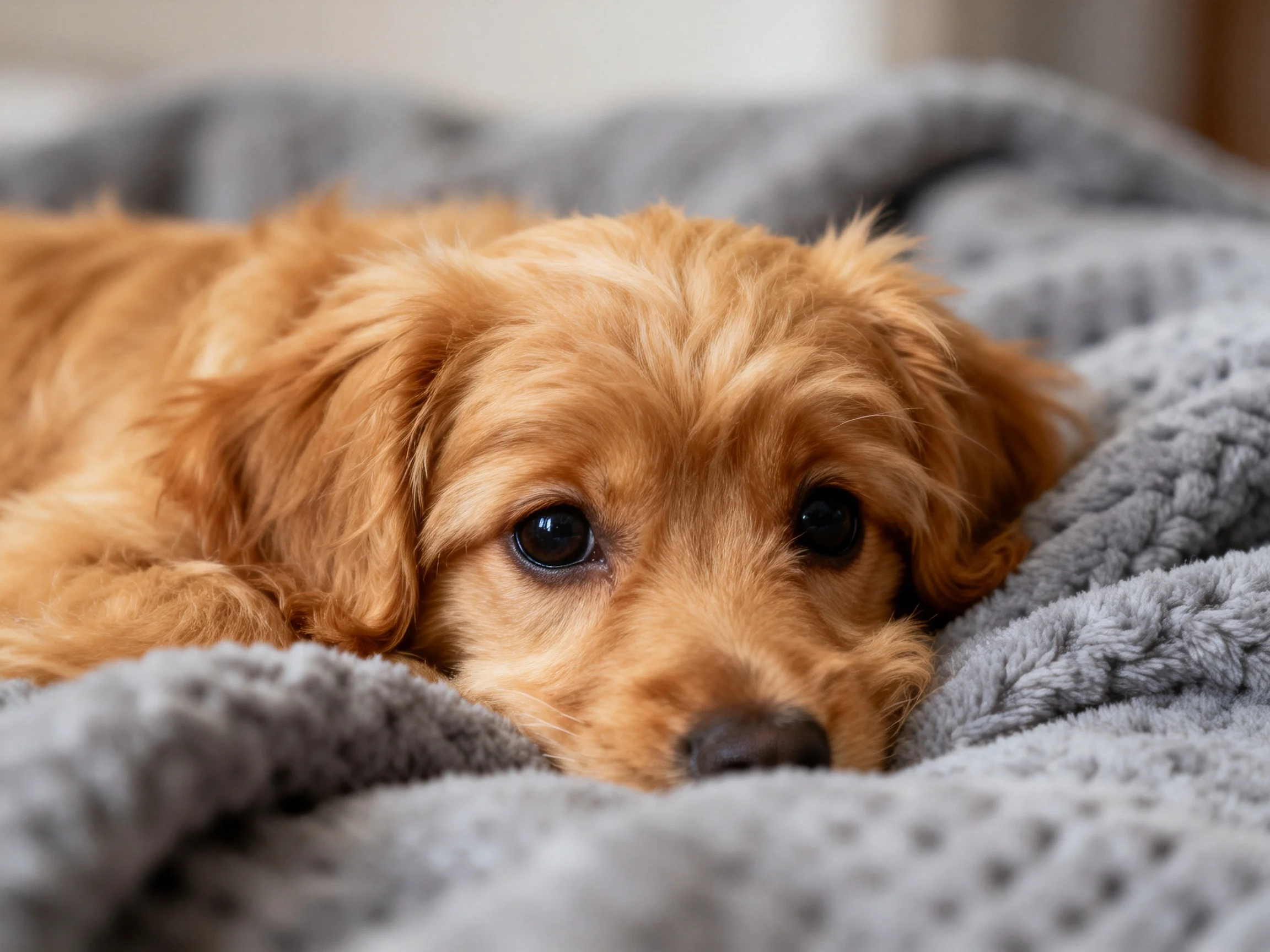 Golden retriever puppy nestled on a soft gray blanket