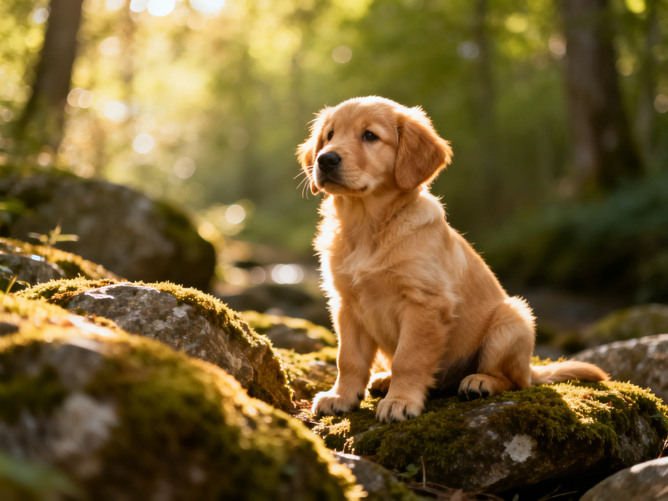 Golden retriever puppy on moss-covered rocks in sunlit woods