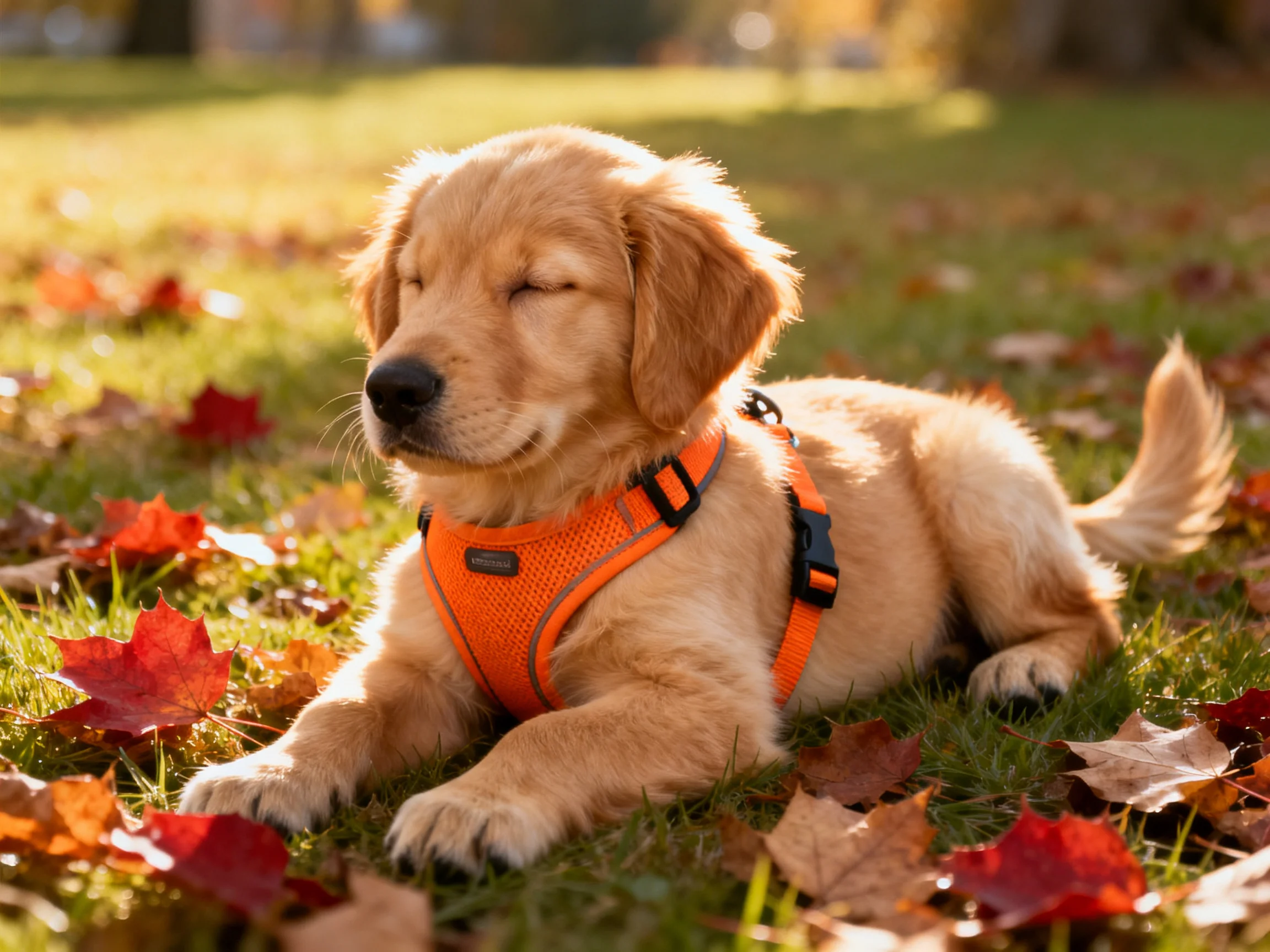 A golden retriever puppy rests peacefully among autumn leaves in a sunlit outdoor setting.