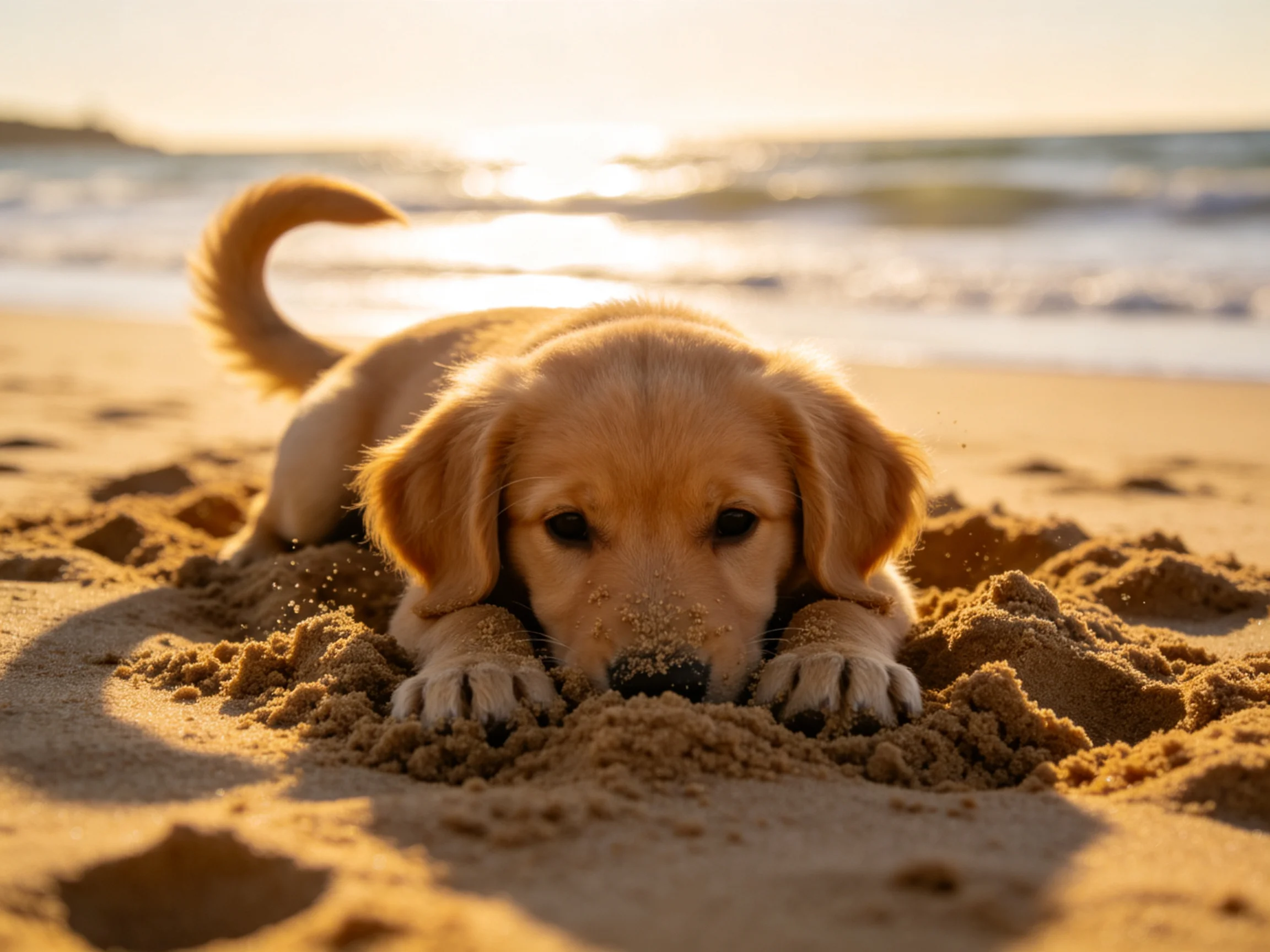A golden retriever puppy rests in sand near the ocean shore during sunset.