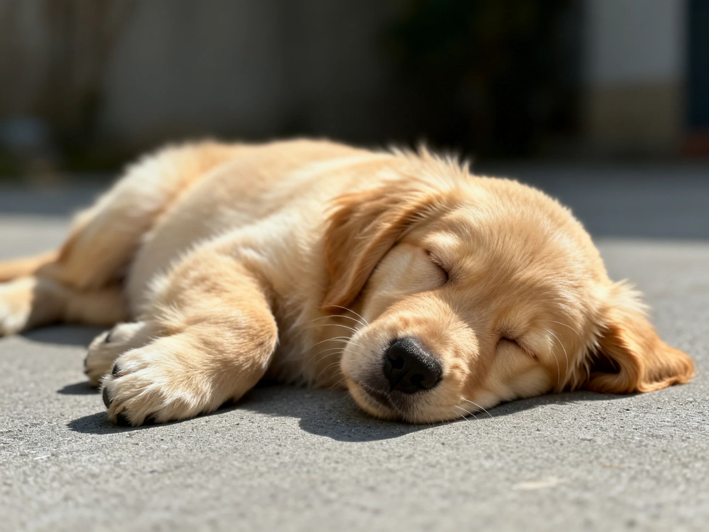 Golden retriever puppy sleeps on smooth outdoor surface
