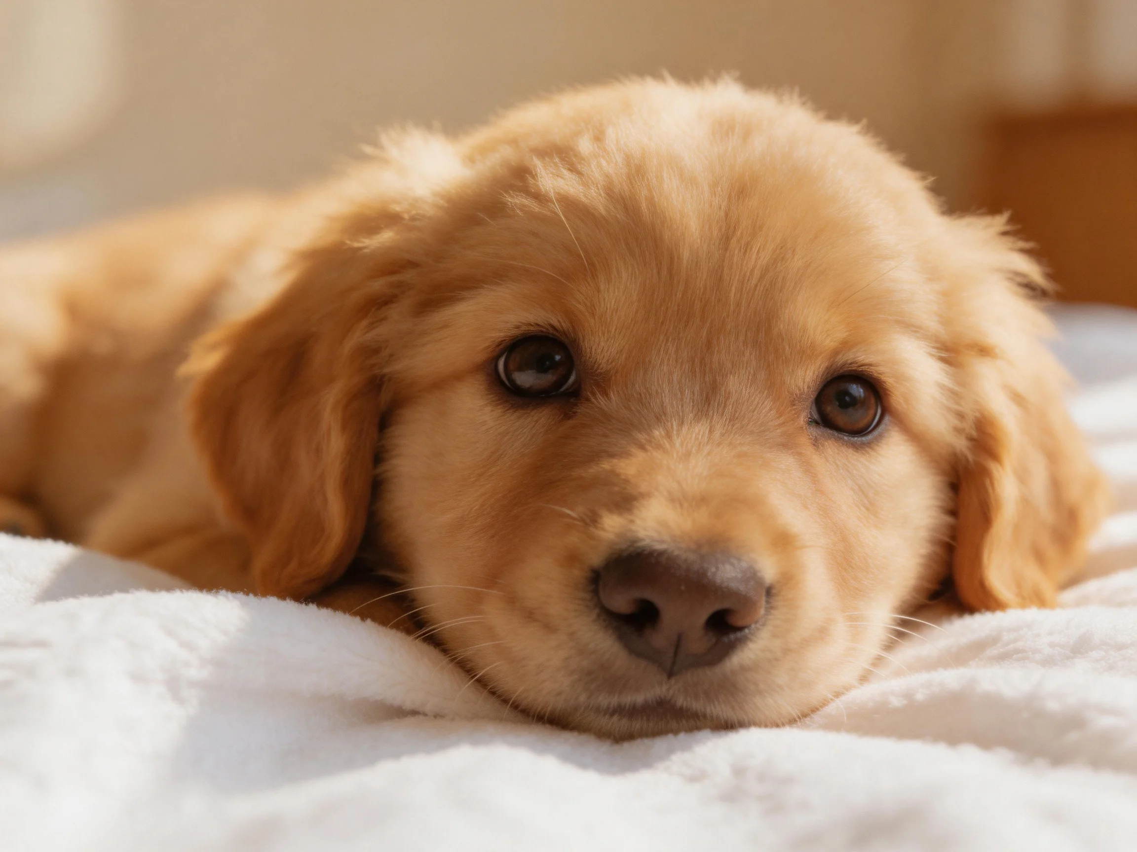 A golden retriever puppy relaxes on a white blanket in a warmly lit space.