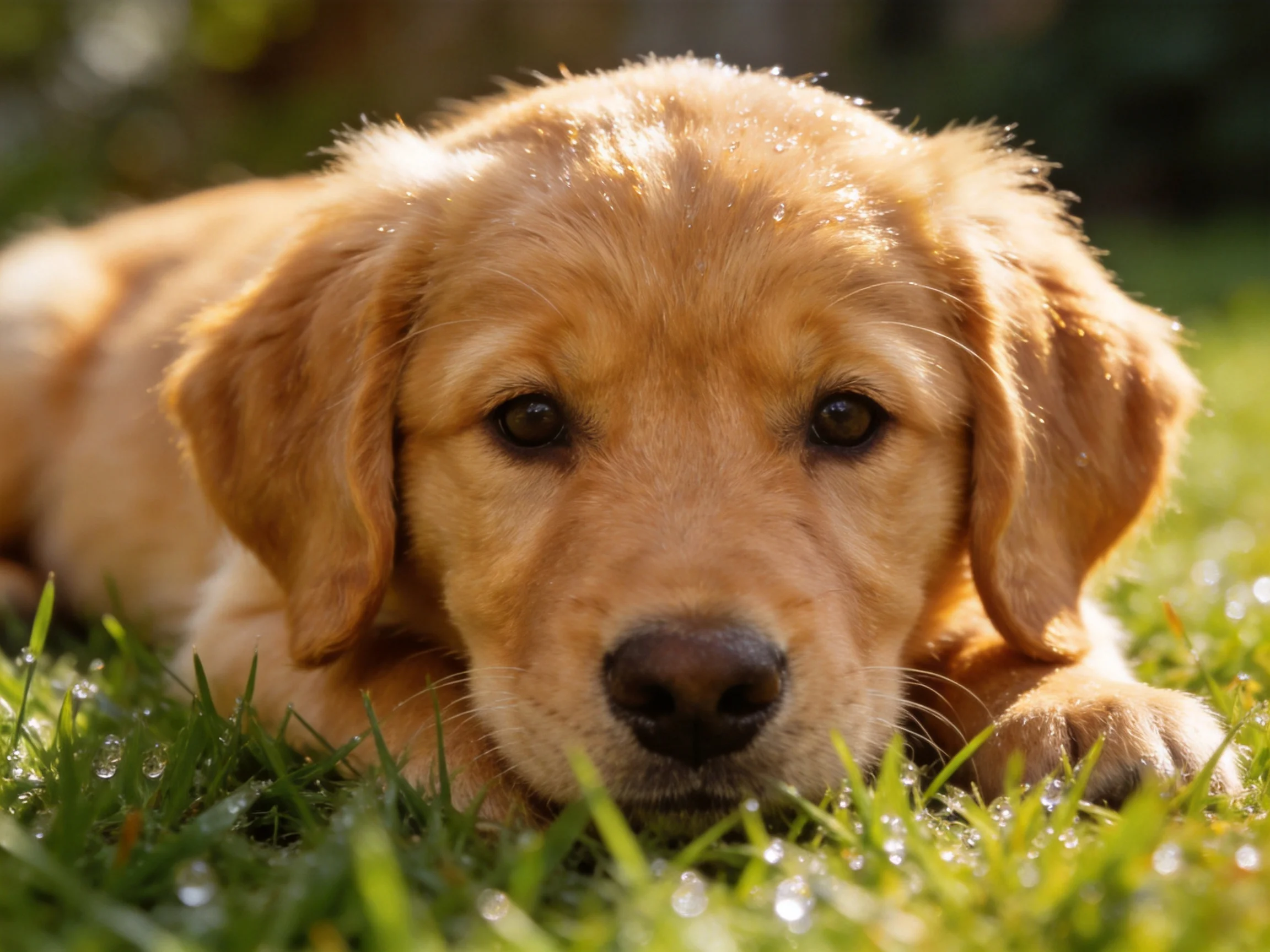 Golden retriever puppy resting on dewy green grass