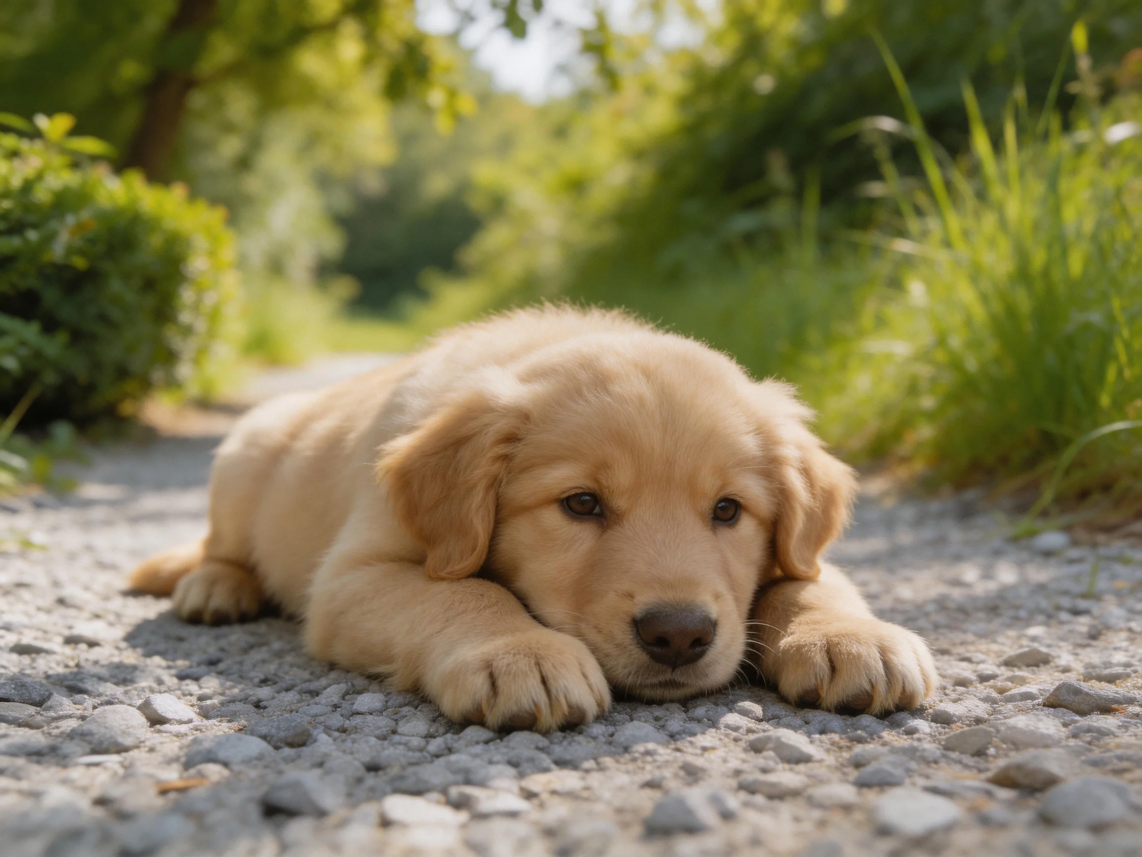 A golden retriever puppy rests on a gravel path in a sunlit area with greenery.