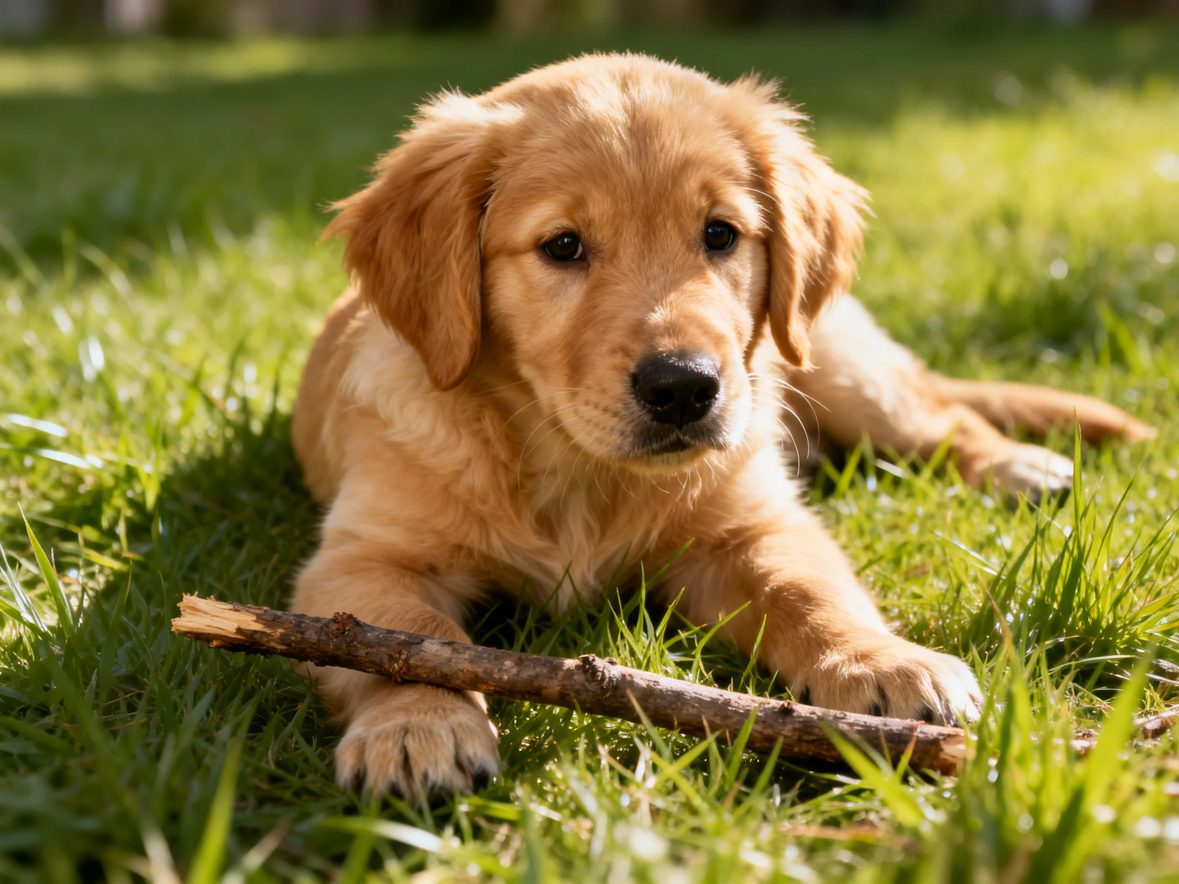 A golden retriever puppy rests on green grass near a wooden stick in a sunlit area.