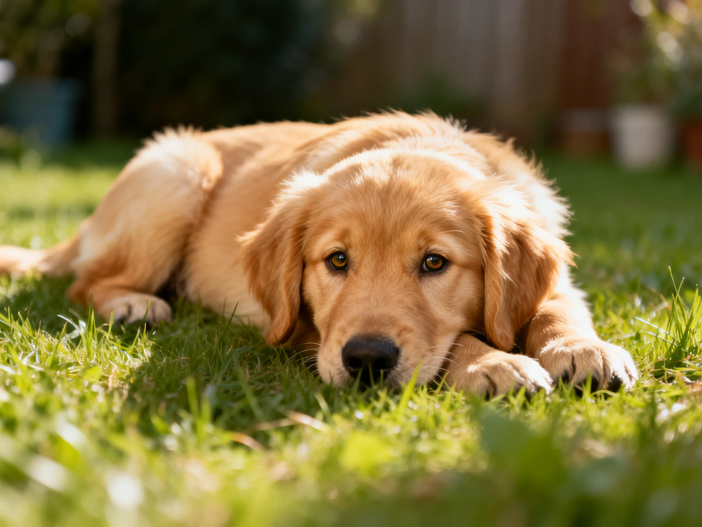 A golden retrieverpuppy rests on grass in a sunlit outdoor area.