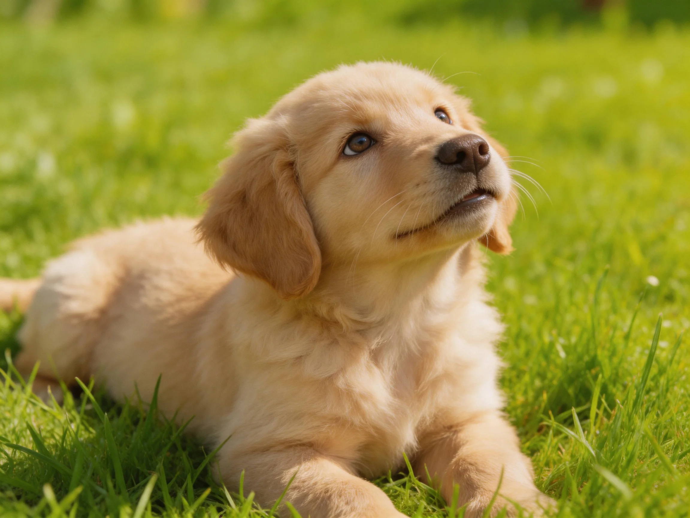 Golden retriever puppy resting on lush green grass in bright sunlight