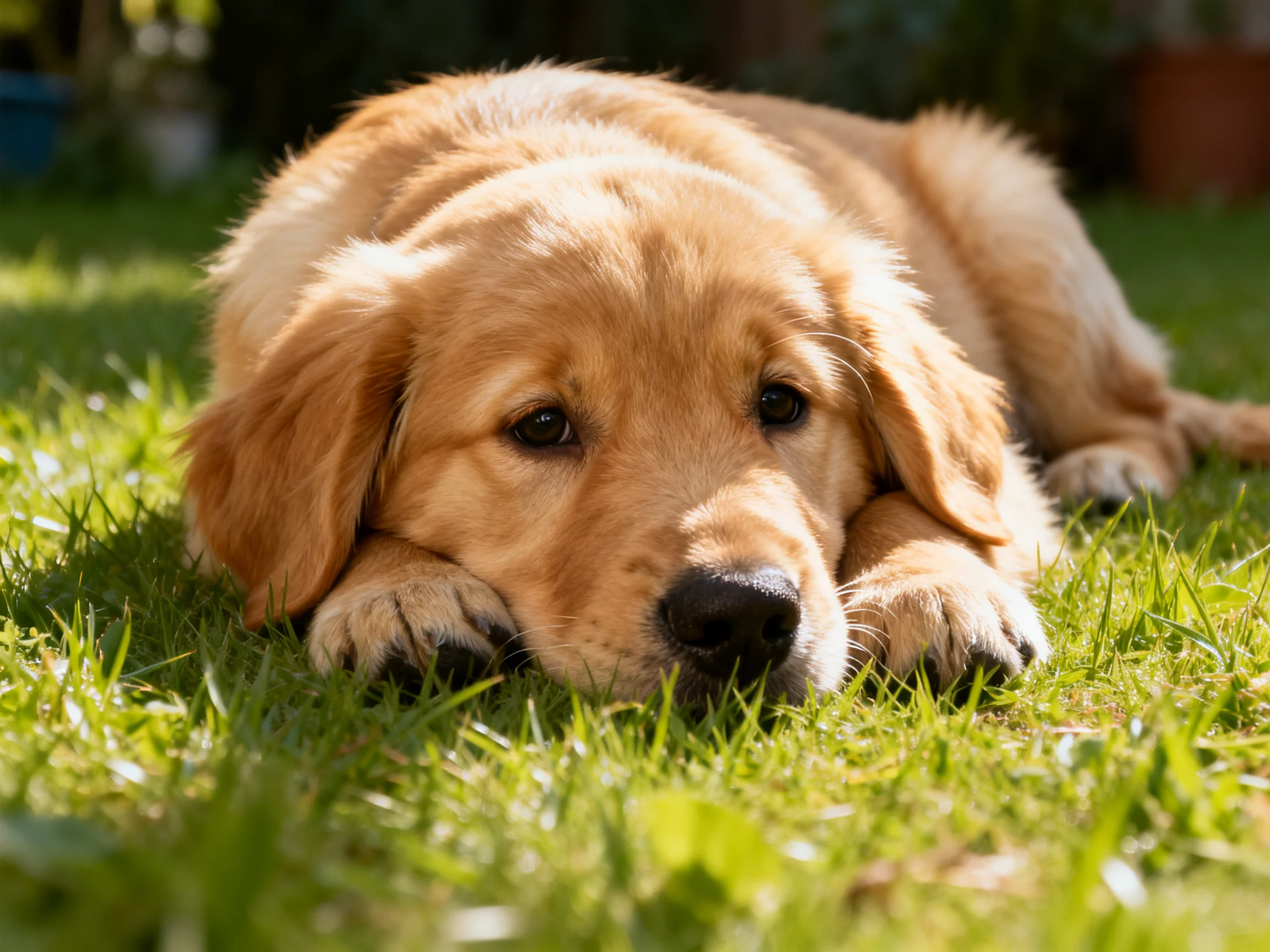 A golden retriever puppy relaxes on green grass in a sunlit outdoor setting.