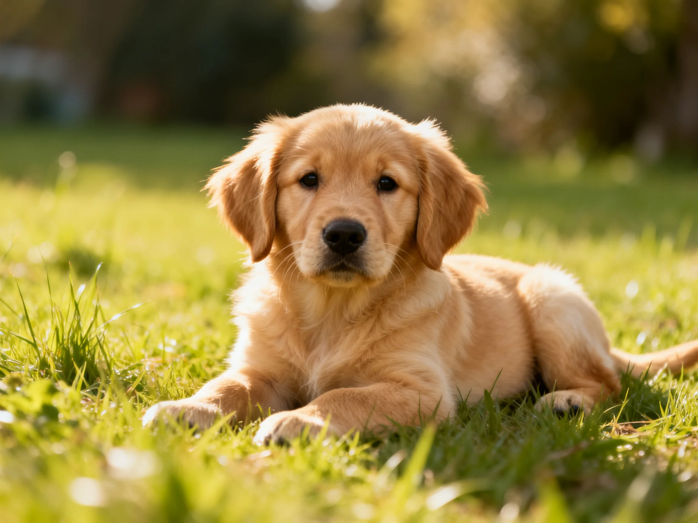A golden retriever puppy relaxes on grass in a sunlit outdoor environment.