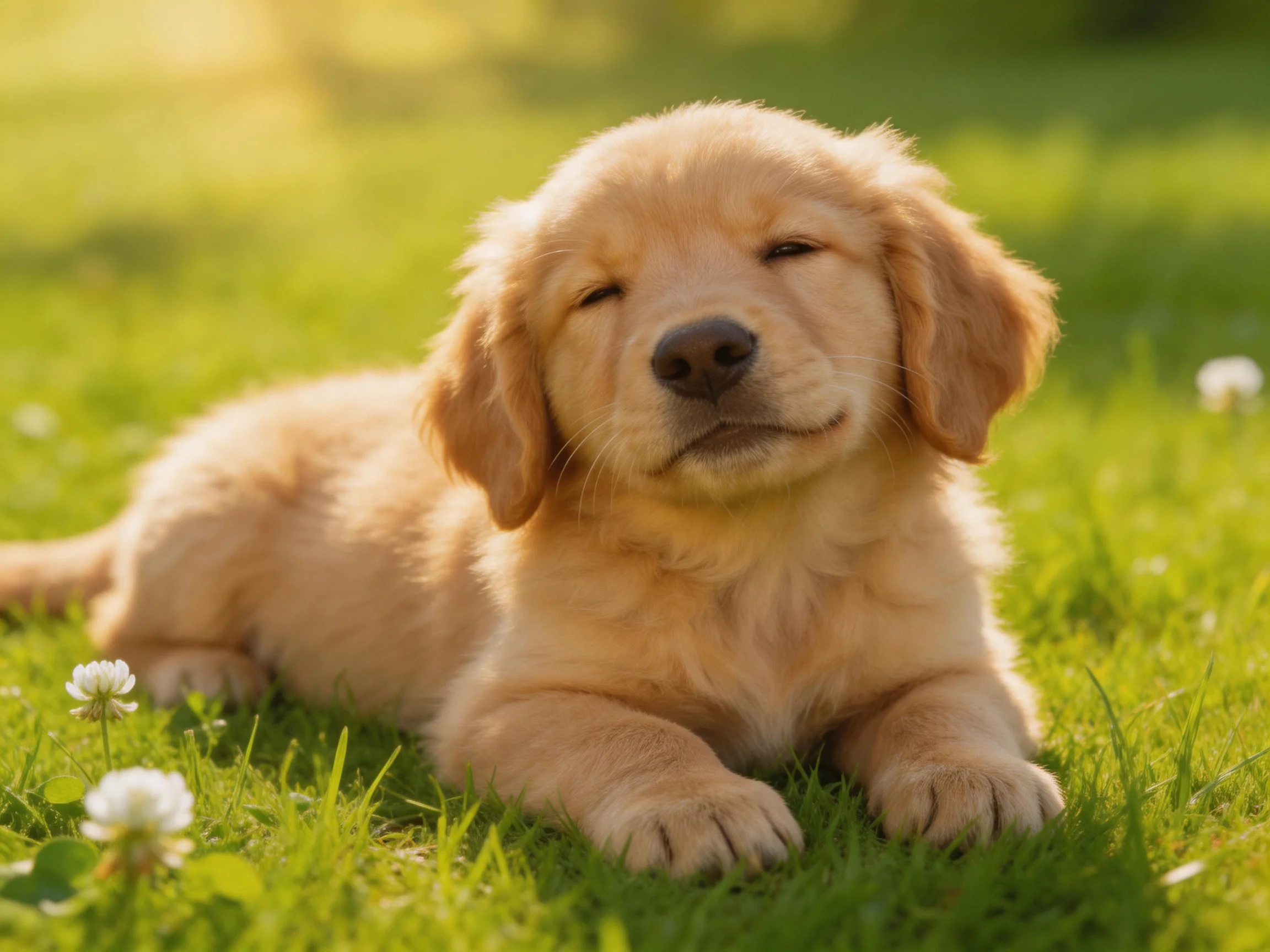 Golden retriever puppy resting on lush green grass with small white flowers