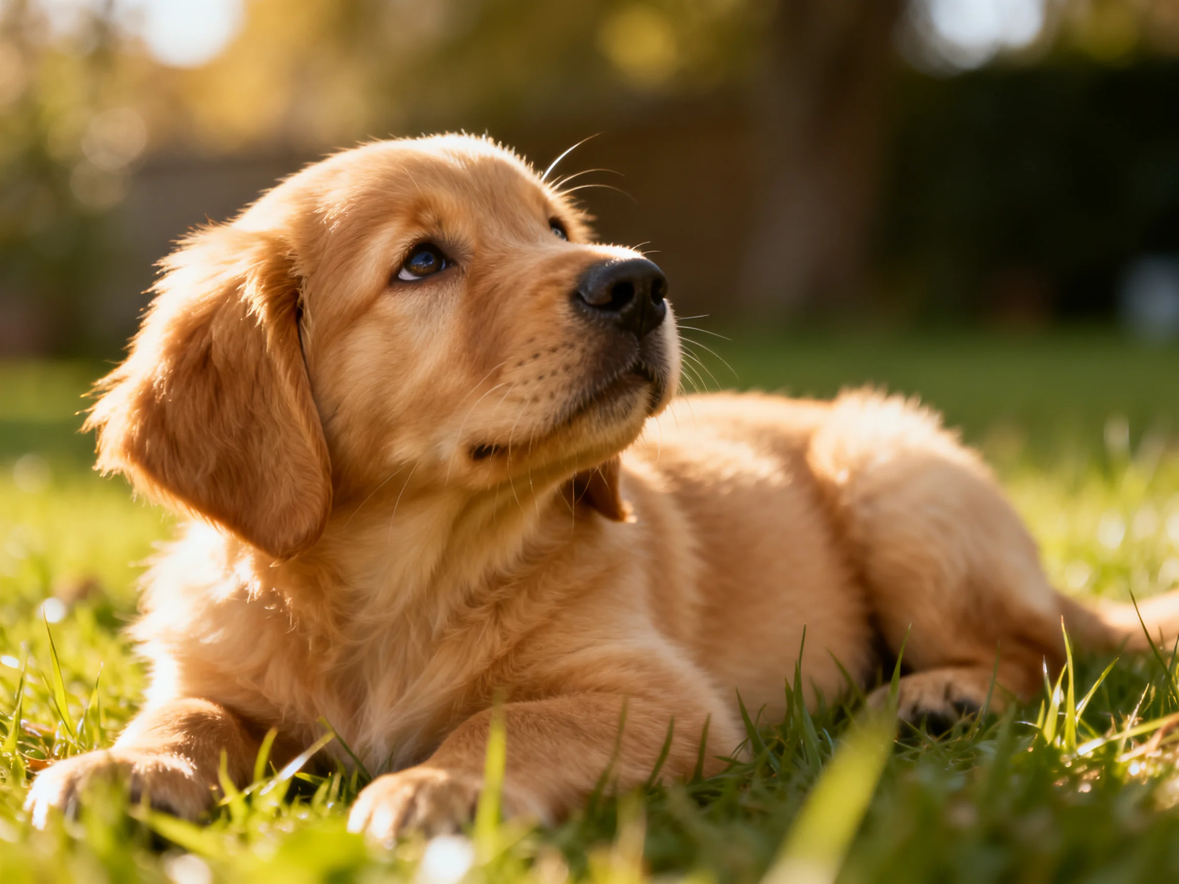 A golden retriever puppy relaxes on sunlit grass.