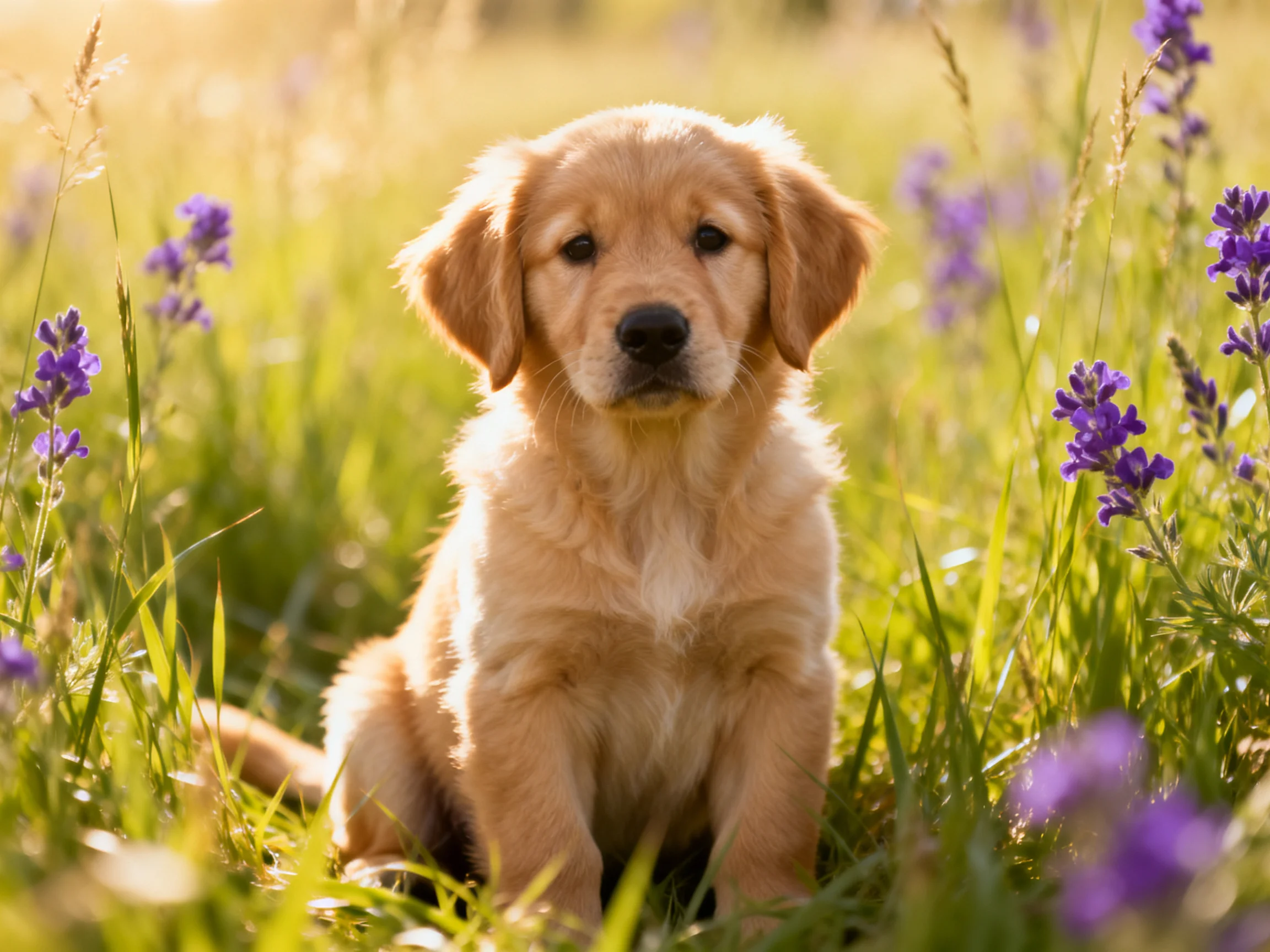 A golden retriever puppy sits peacefully in a field of green grass and purple flowers.