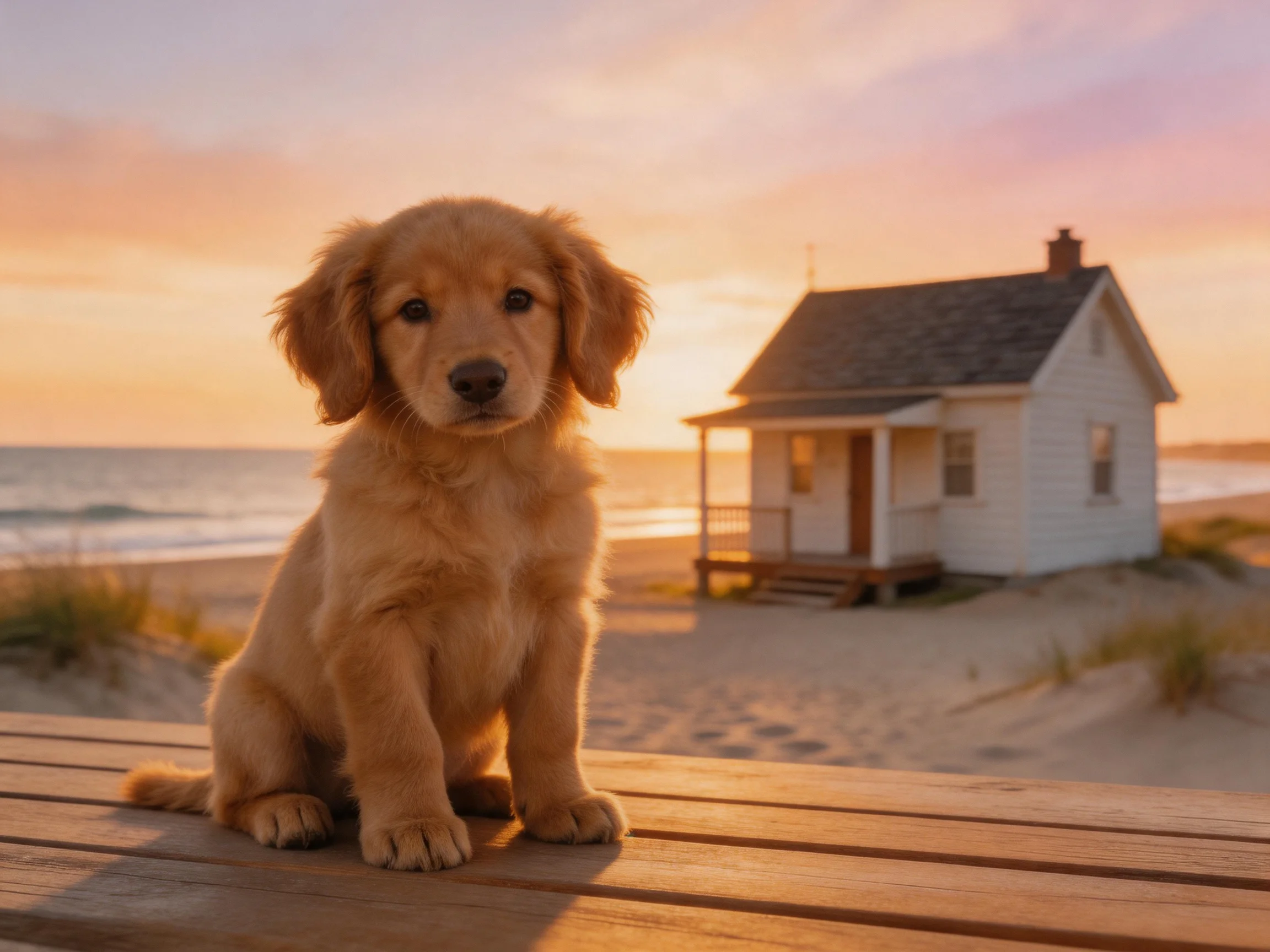 Golden retriever puppy sits near a white beachside cottage at sunset.