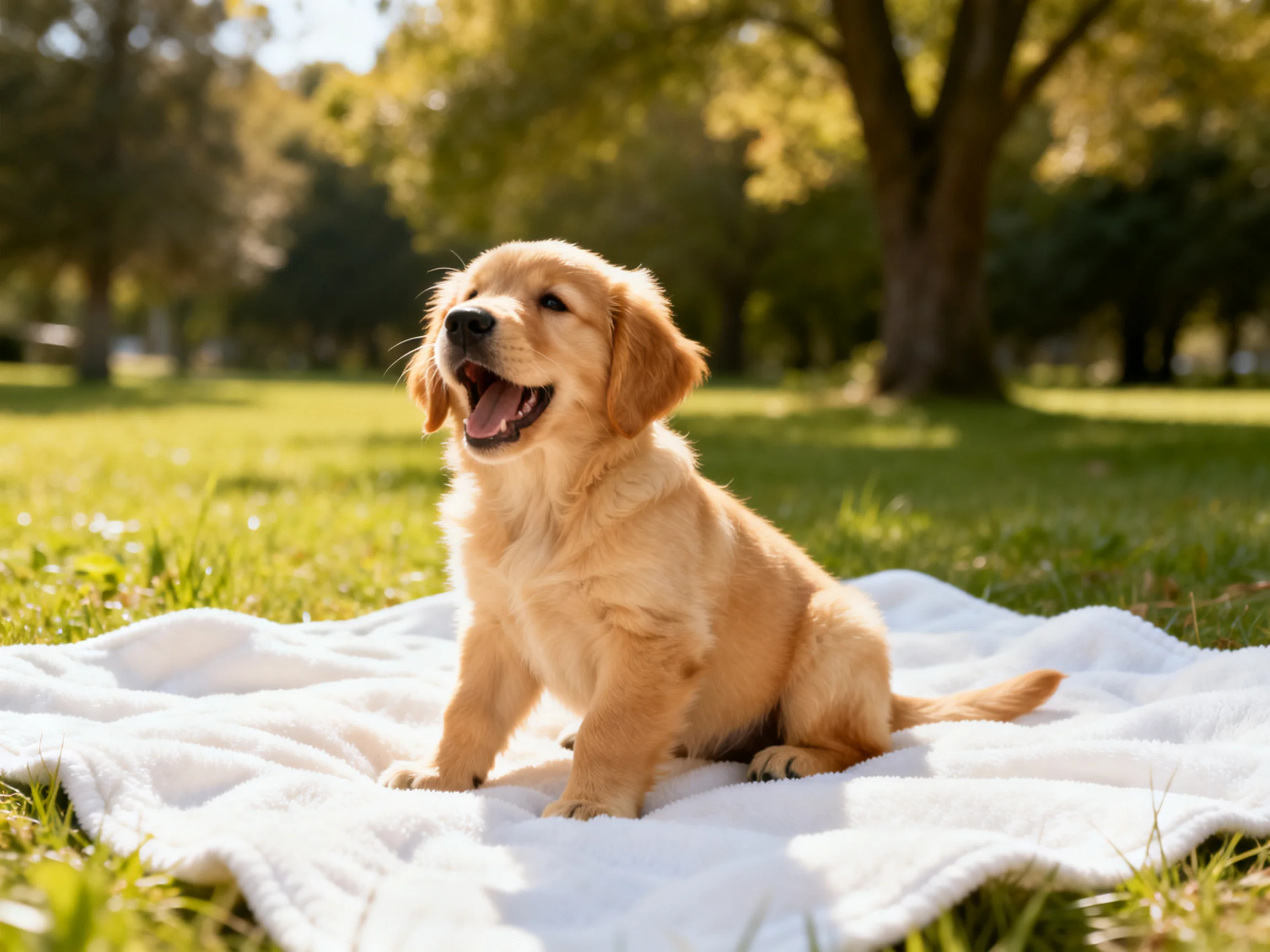 Golden retriever puppy sitting on white blanket in sunlit park
