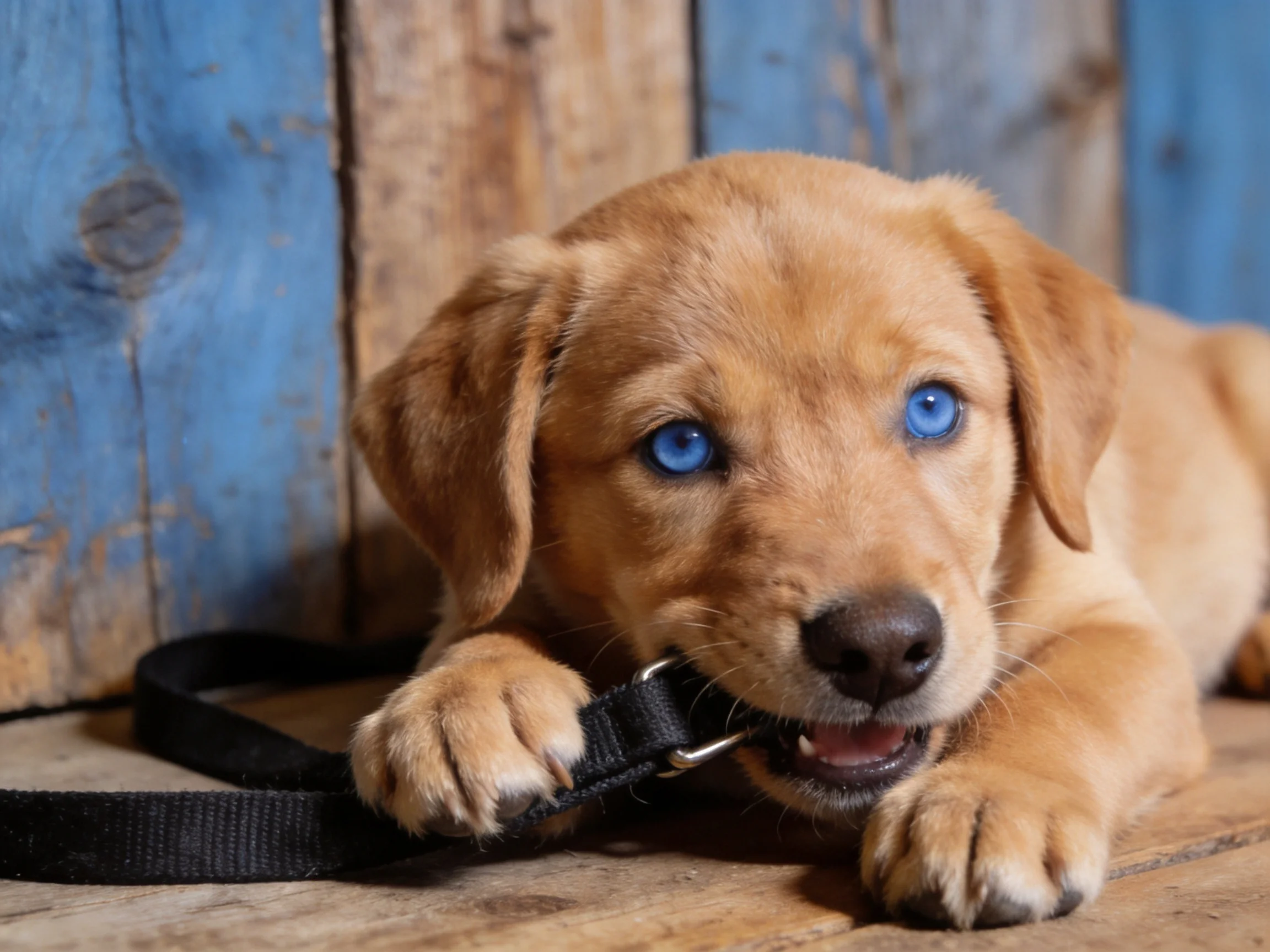 Golden retriever puppy with blue eyes playing with a black leash by wooden planks