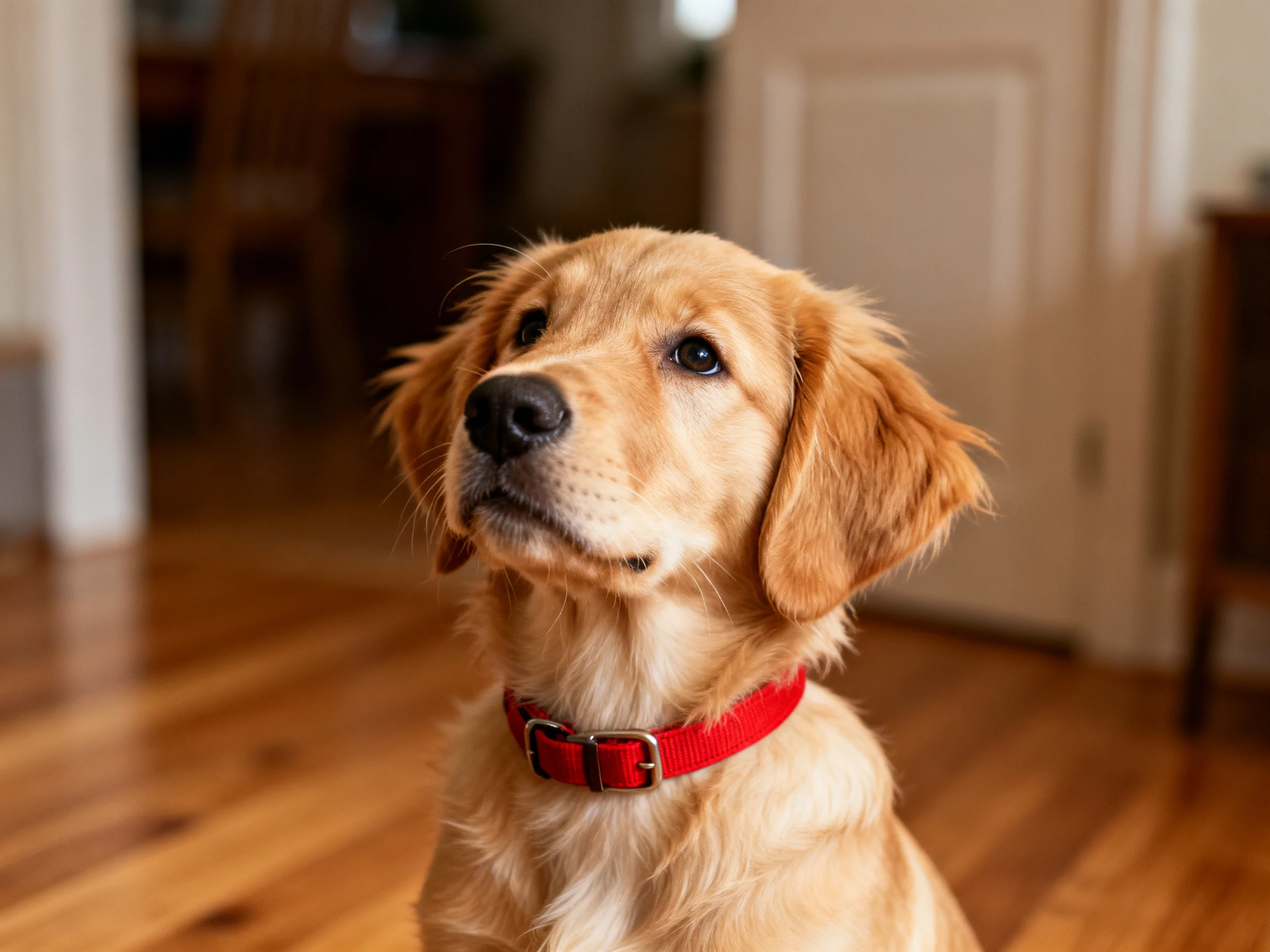 A golden retriever puppy with a red collar sits inside a home.