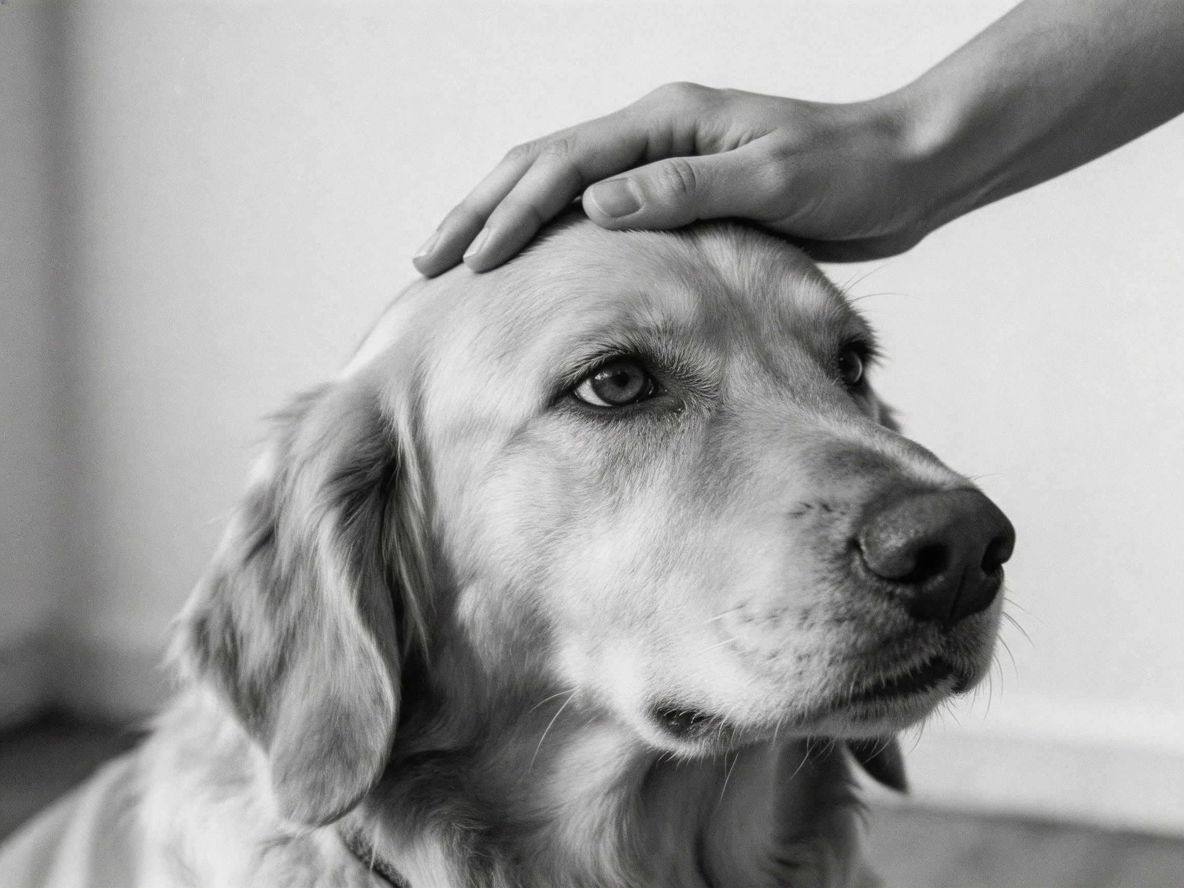 A golden retriever is gently petted on the head by a human hand.