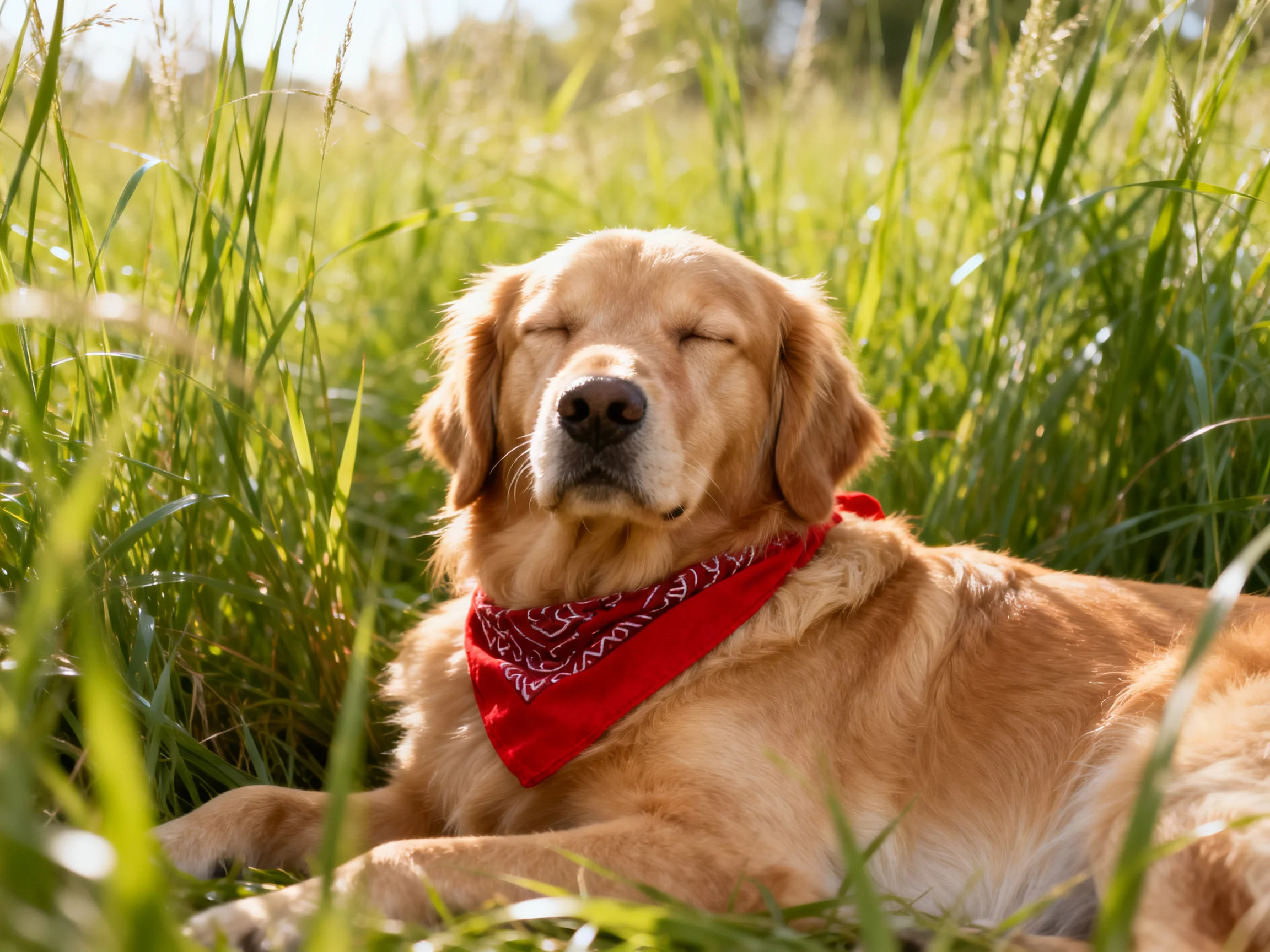 A golden retriever lies peacefully among tall green grass.