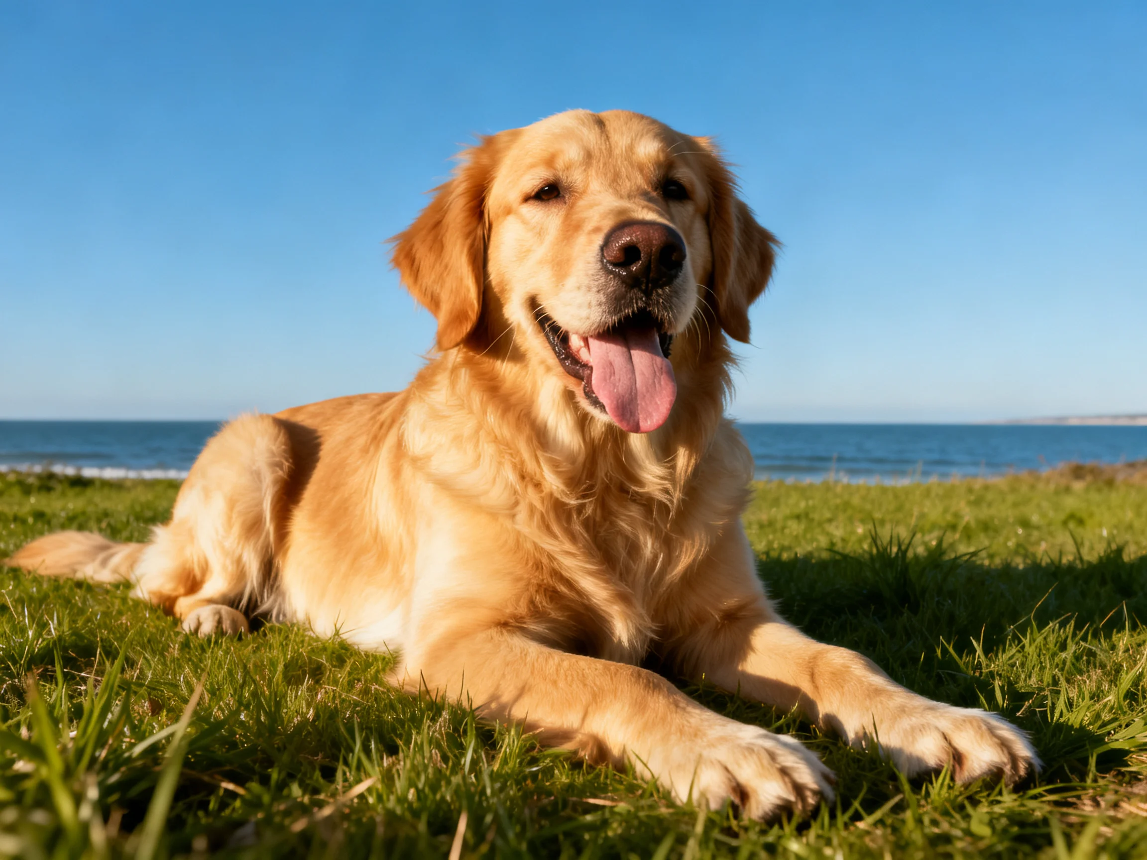 Golden retriever relaxing on green grass near calm blue ocean