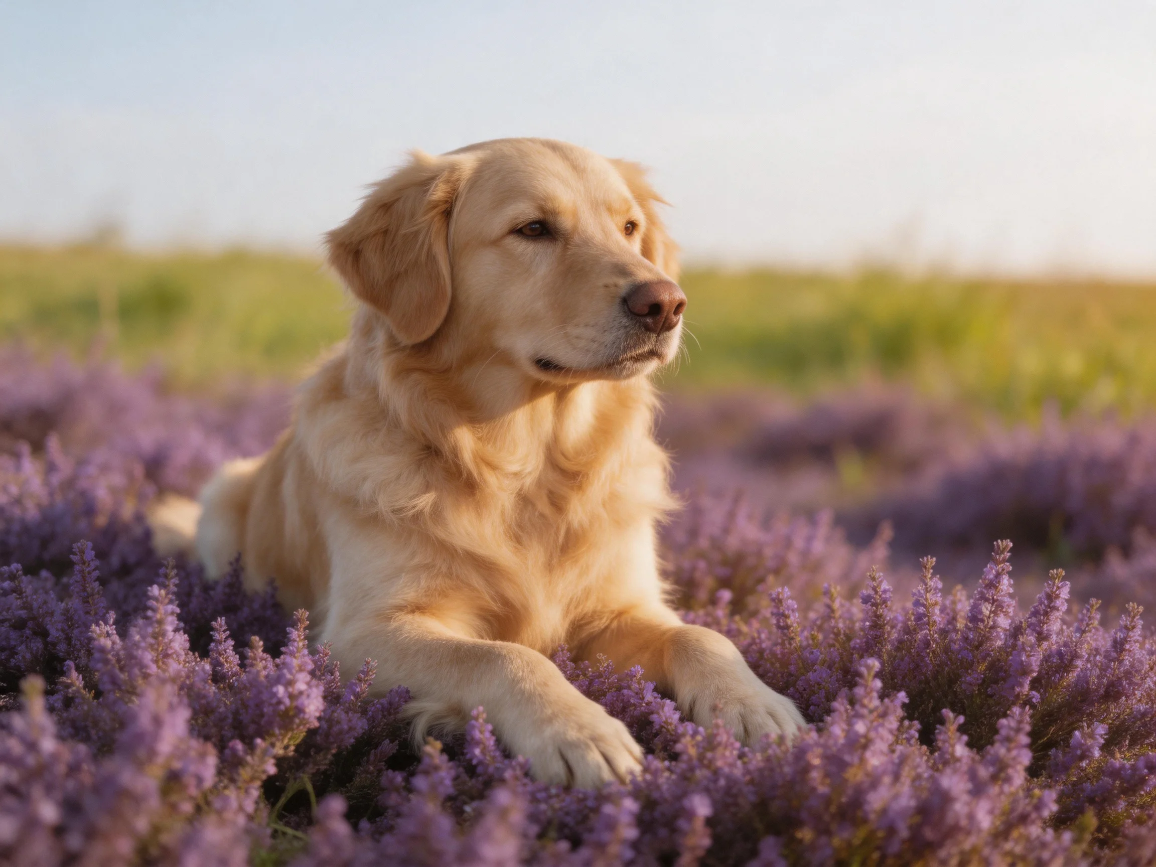A golden retriever rests among purple flowers in an open field.