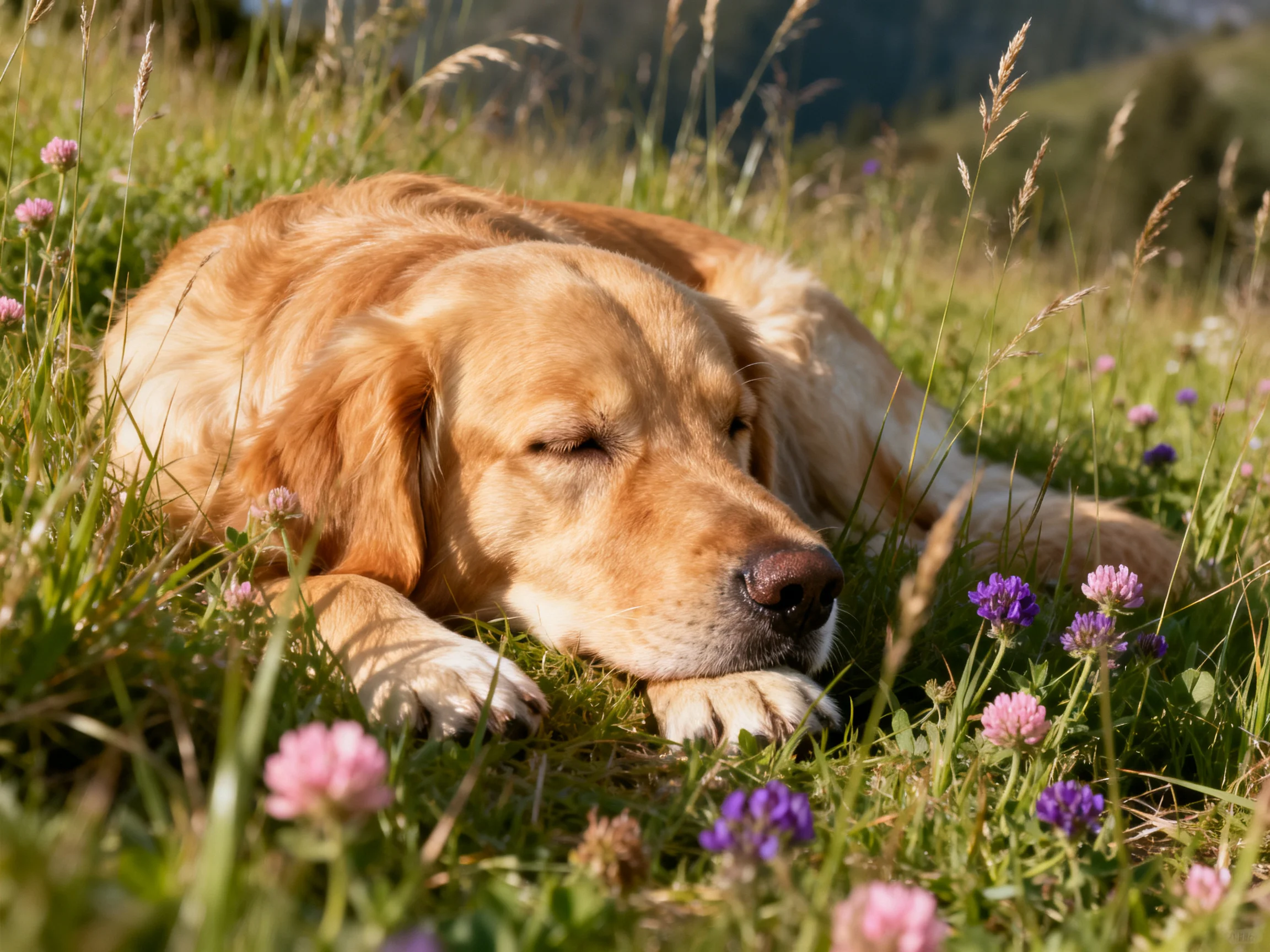 A golden retriever relaxes on grass surrounded by colorful wildflowers.