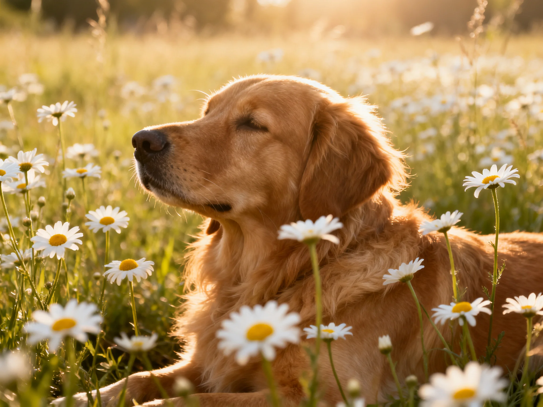 A golden retriever relaxes among daisies in a sunlit meadow.