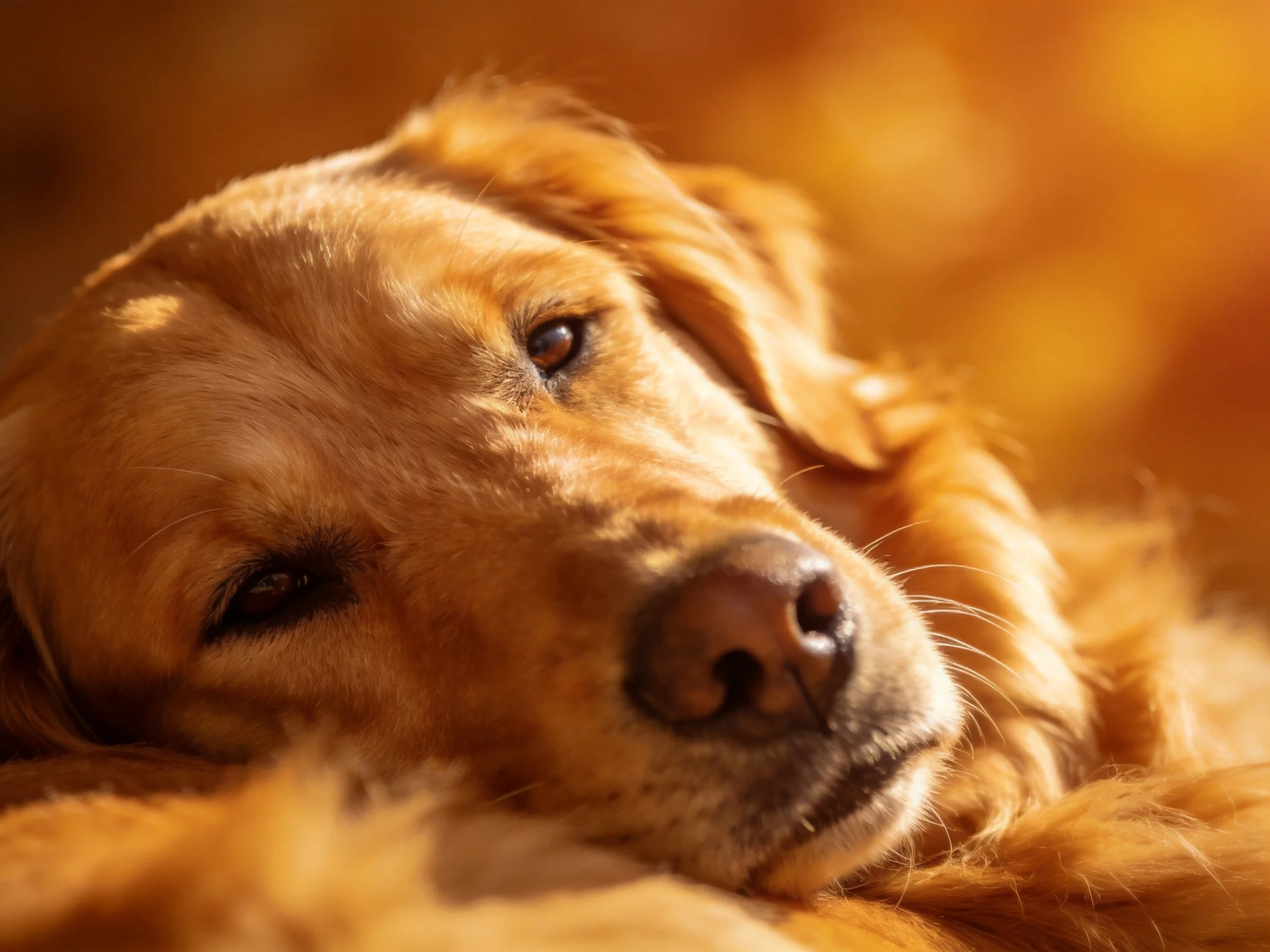 A golden retriever relaxes in warm, sunlit surroundings.