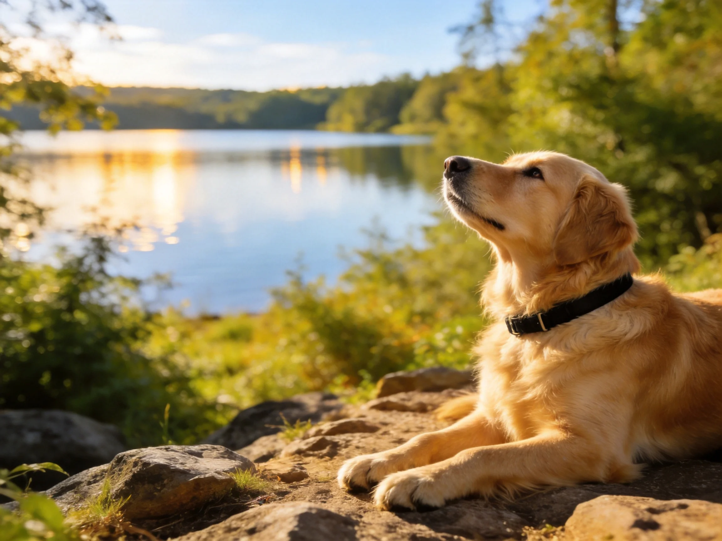 A golden retriever relaxes by a calm lake amid greenery.