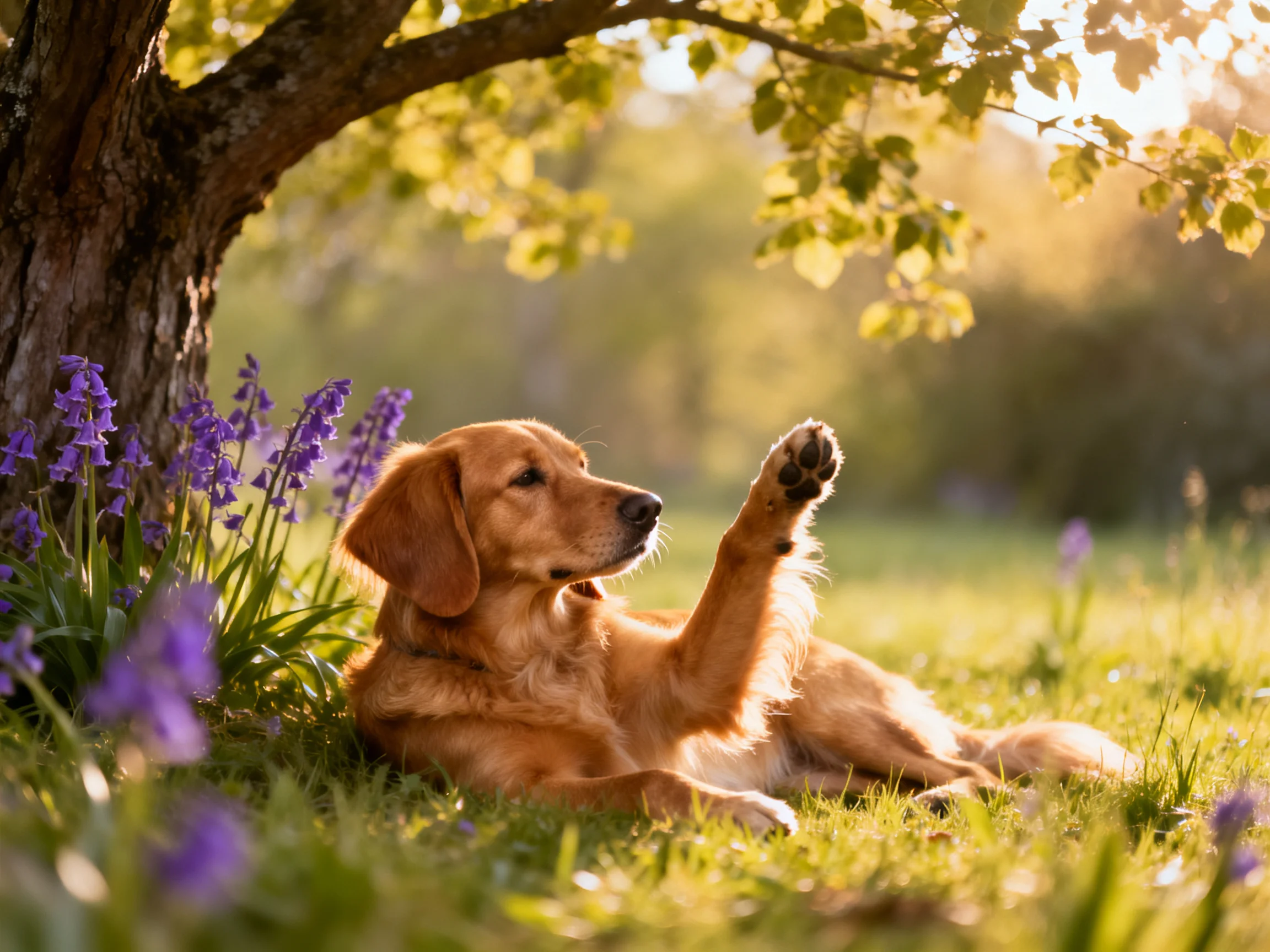 A golden retriever rests near a tree with purple flowers in a sunlit area.