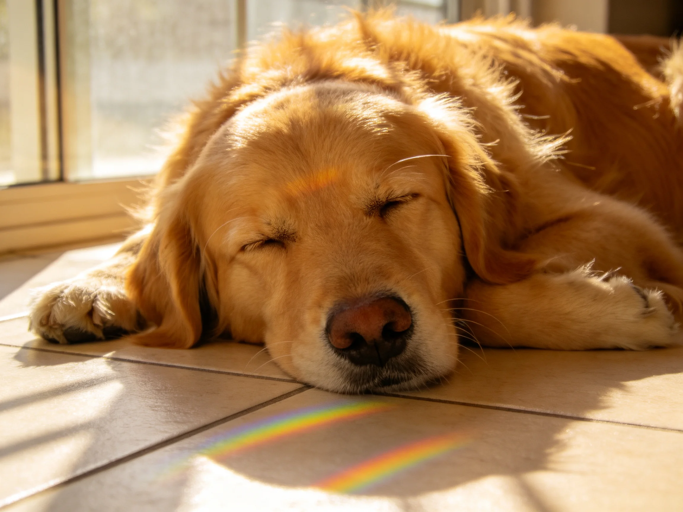 Golden retriever sleeps peacefully near sunlit window with rainbow reflection.