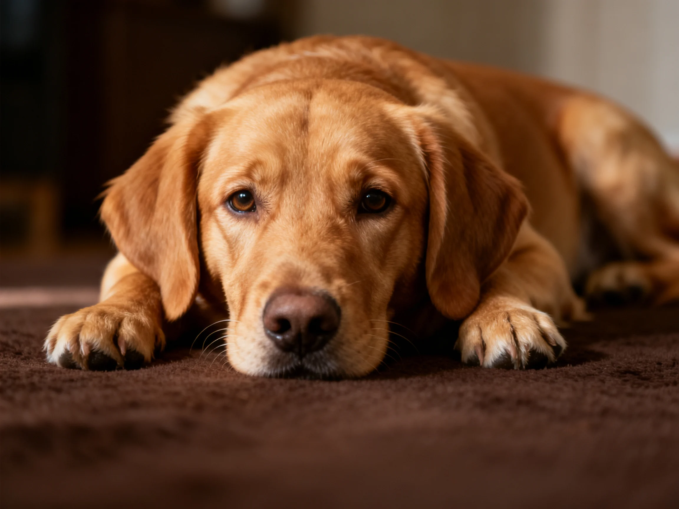 A golden retriever calmly rests on a brown carpet indoors.
