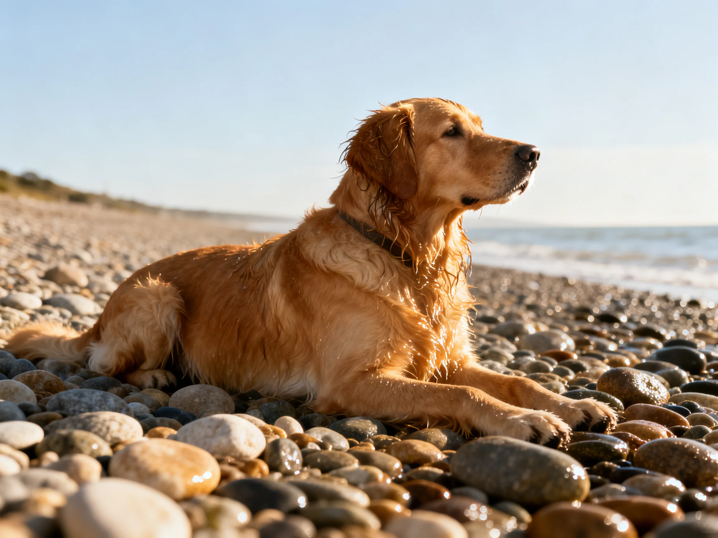 Golden retriever resting on a pebbly beach by the sea