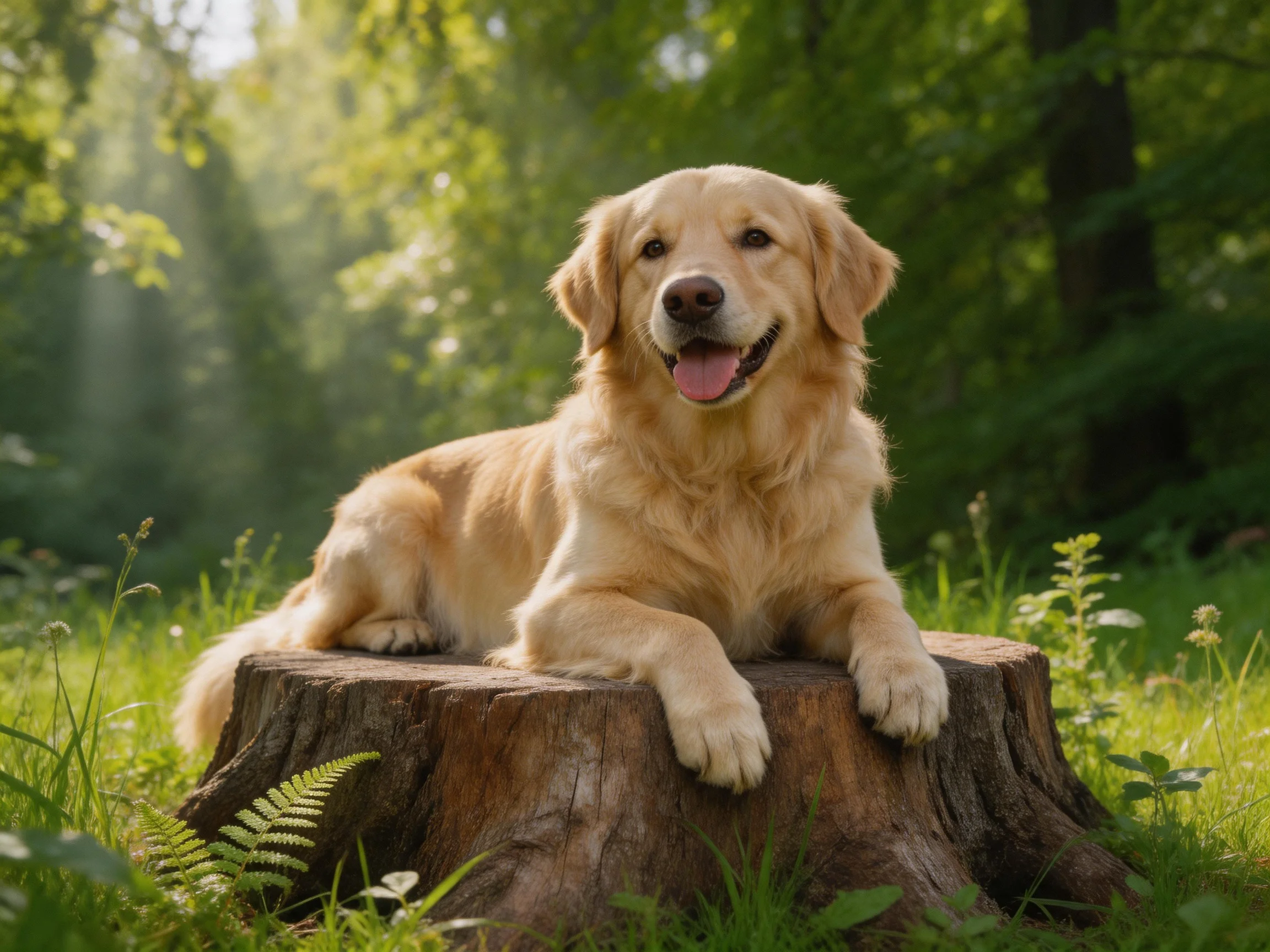 Golden retriever resting on a weathered tree stump in a sunlit forest setting