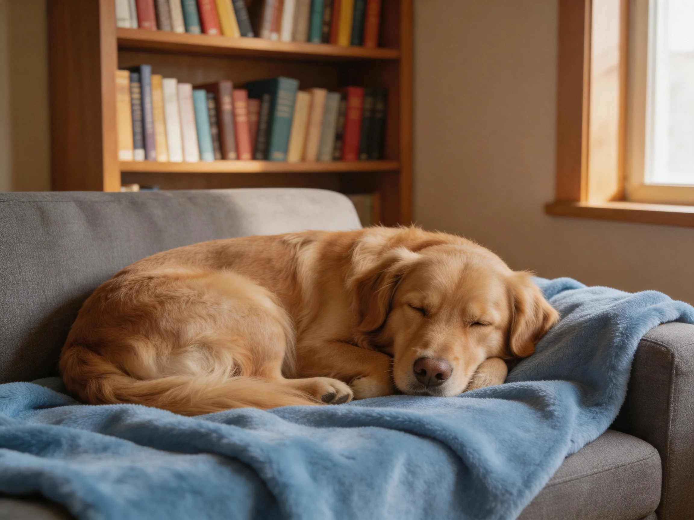 A golden retriever sleeps comfortably on a blue blanket on a gray couch.