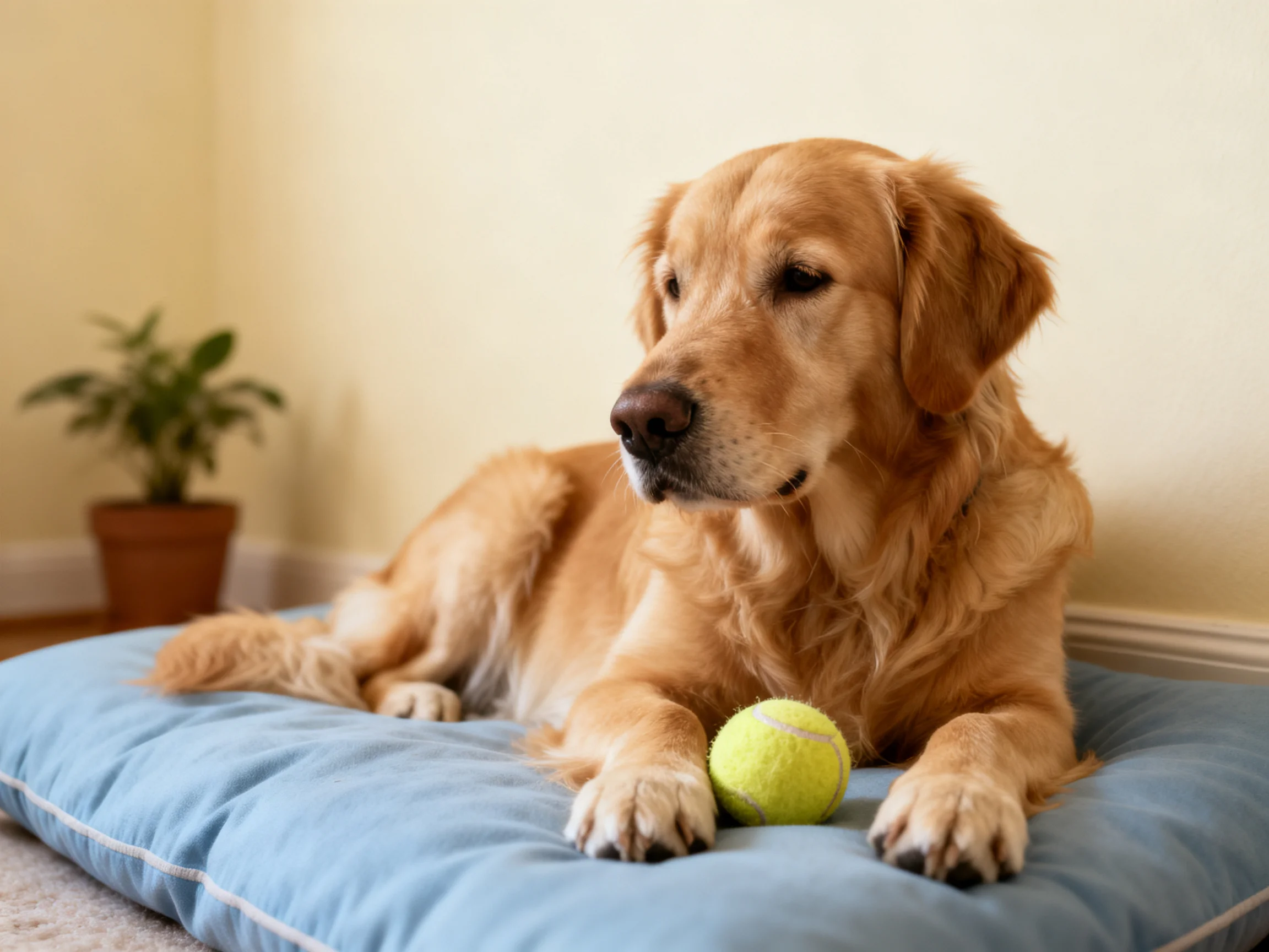 A golden retriever relaxes on a blue cushion next to a yellow tennis ball indoors.