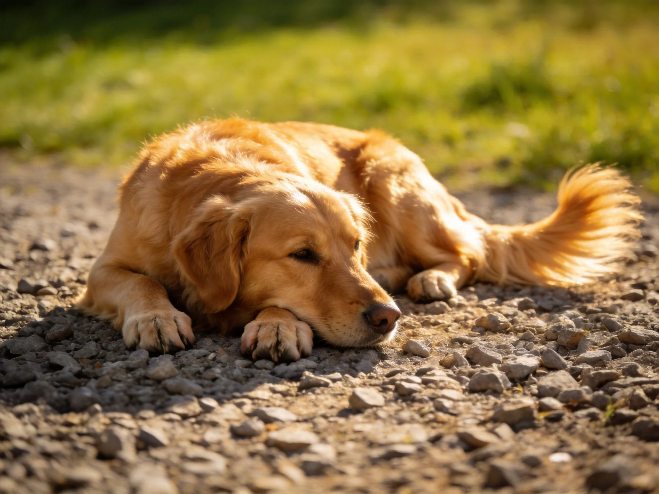 Golden retriever resting on gravel path with green grass backdrop