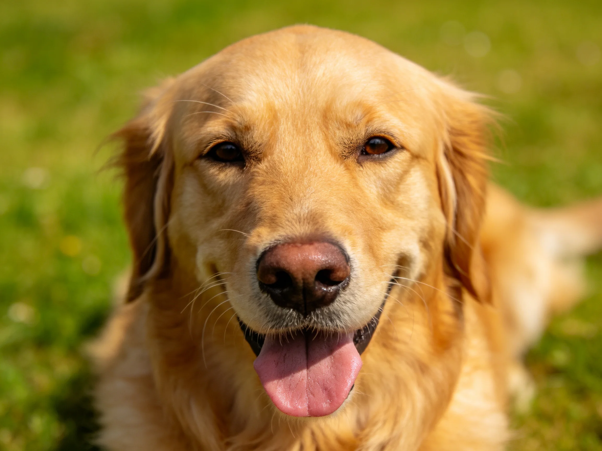 Golden retriever rests on green grass with looking cheerful.