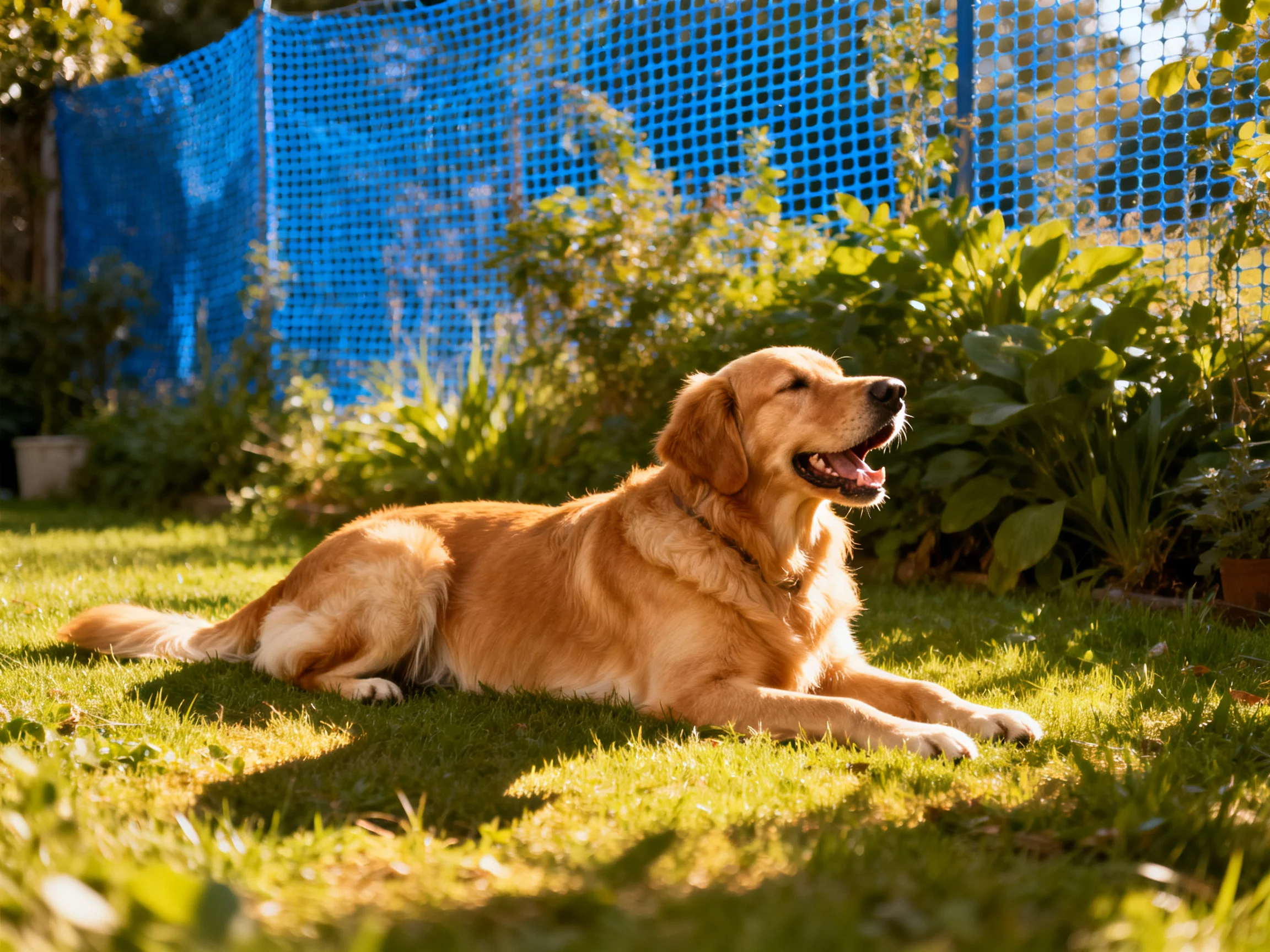 A golden retriever relaxes on grass in a sunlit garden with a blue fence.