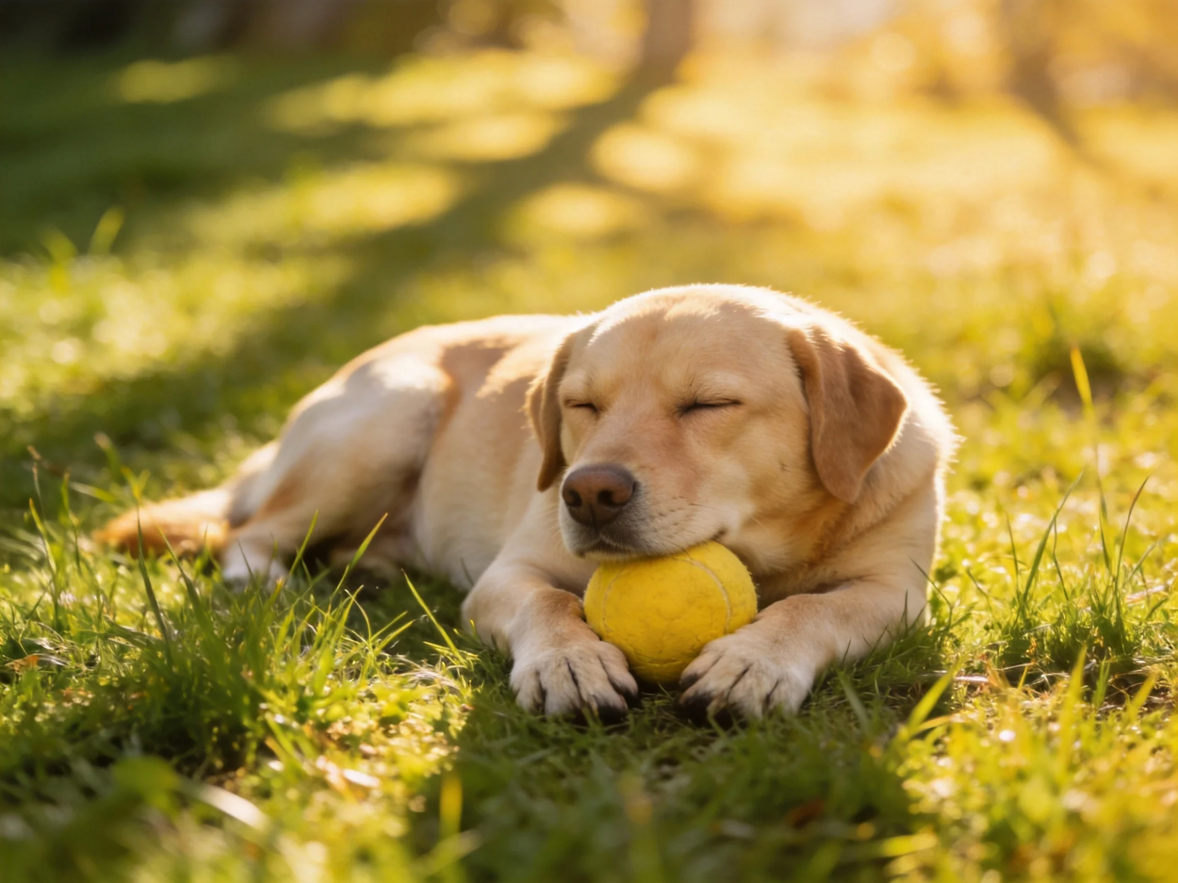 A golden retriever relaxes on grass while holding a yellow tennis ball