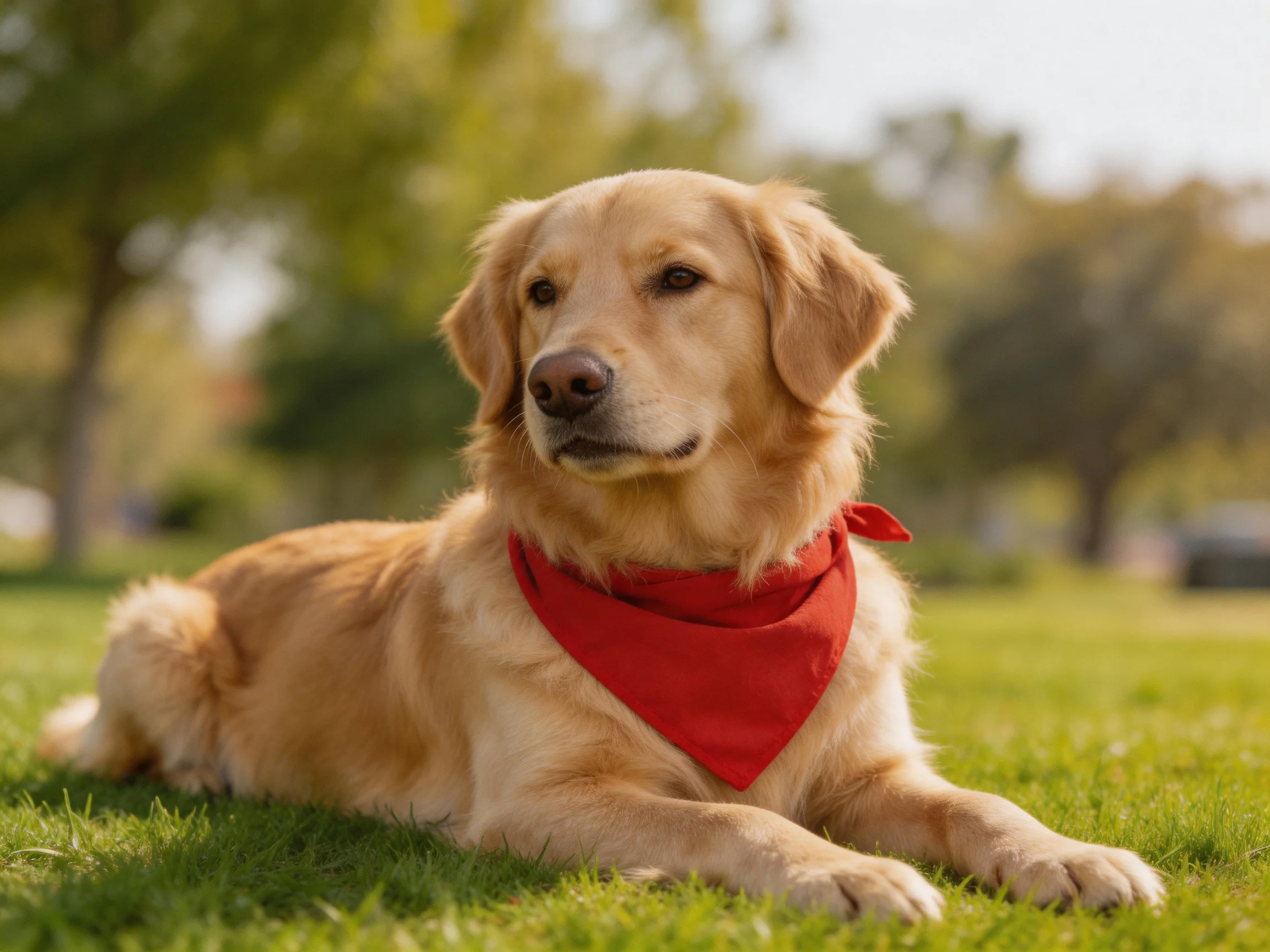 A golden retriever wears a red bandana while relaxing on green grass in a sunny park.