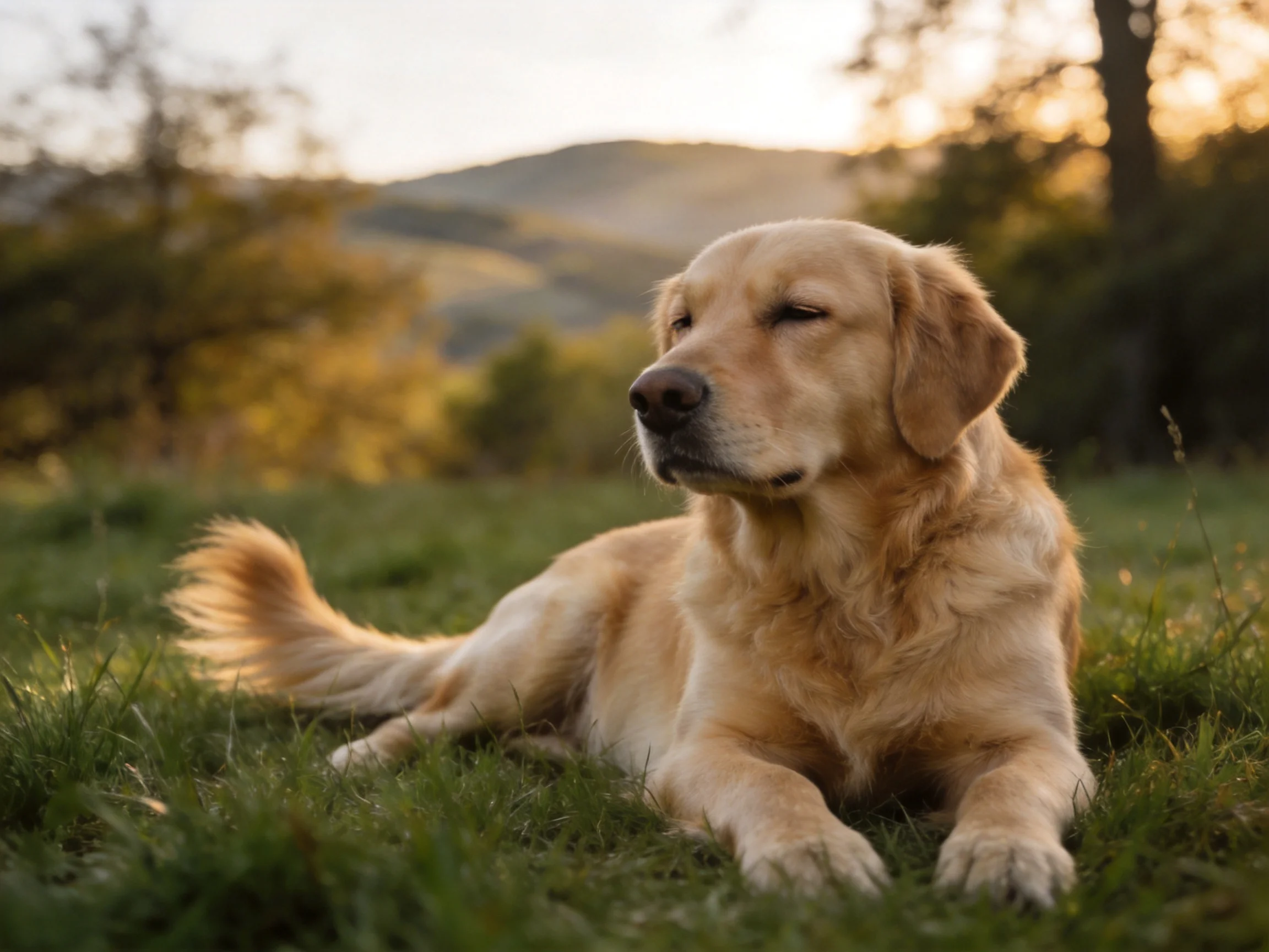 A golden retriever rests calmly on grass in a sunlit outdoor area.
