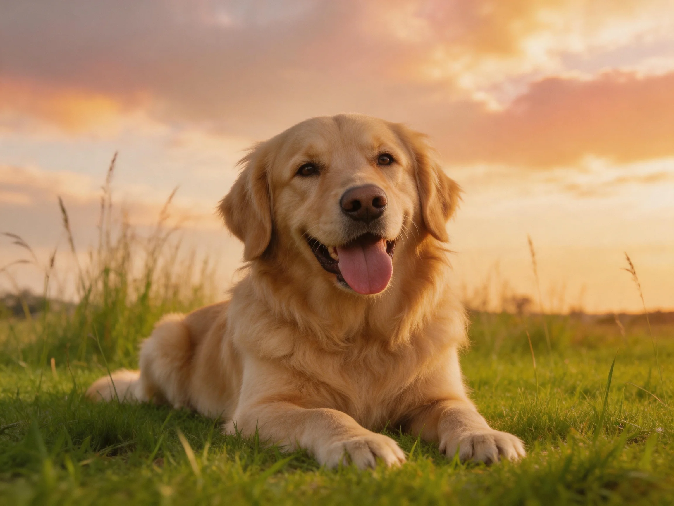 A golden retriever relaxes on grass as the sun sets