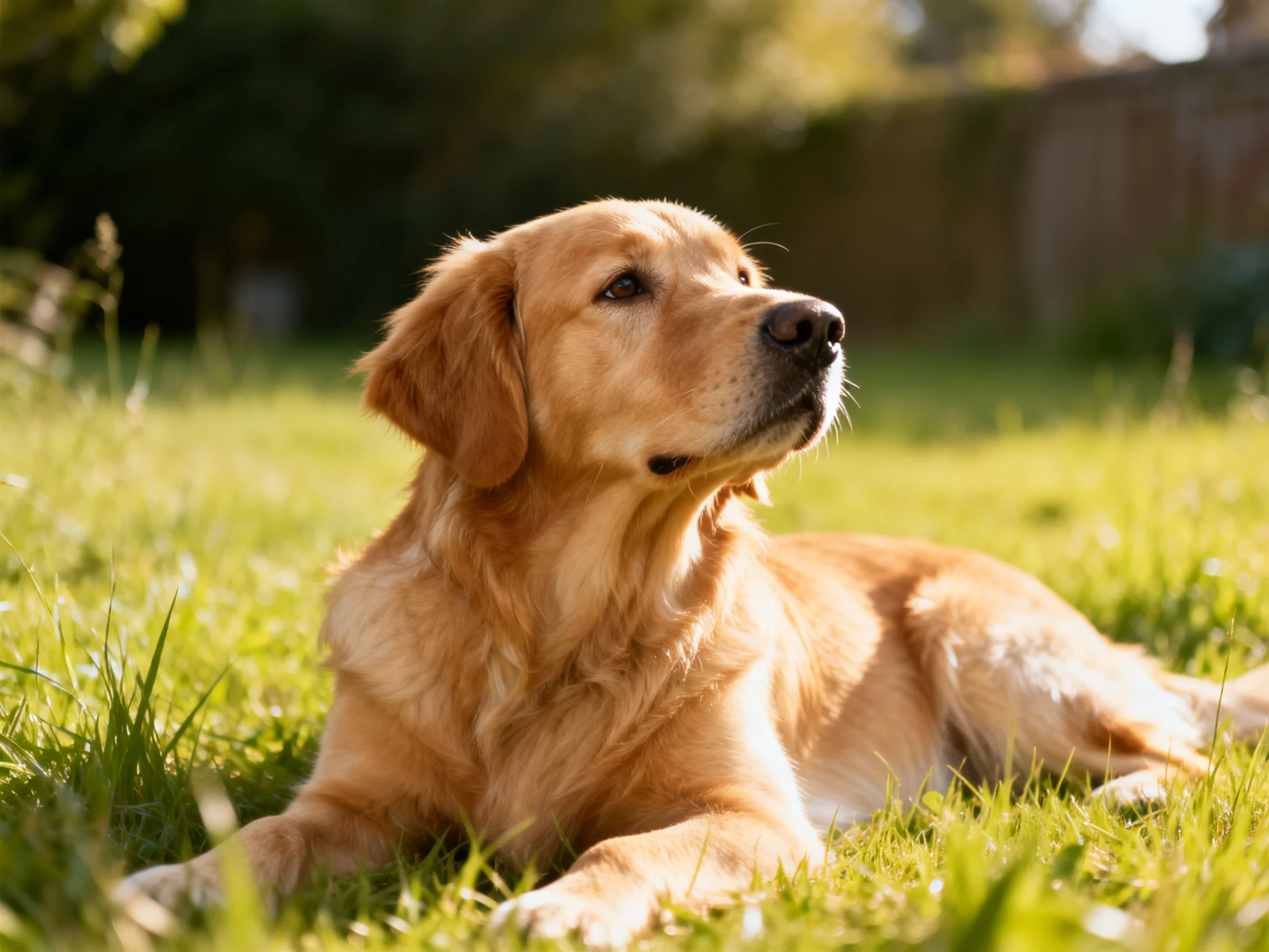 A golden retriever rests peacefully on green grass in a sunlit outdoor area.
