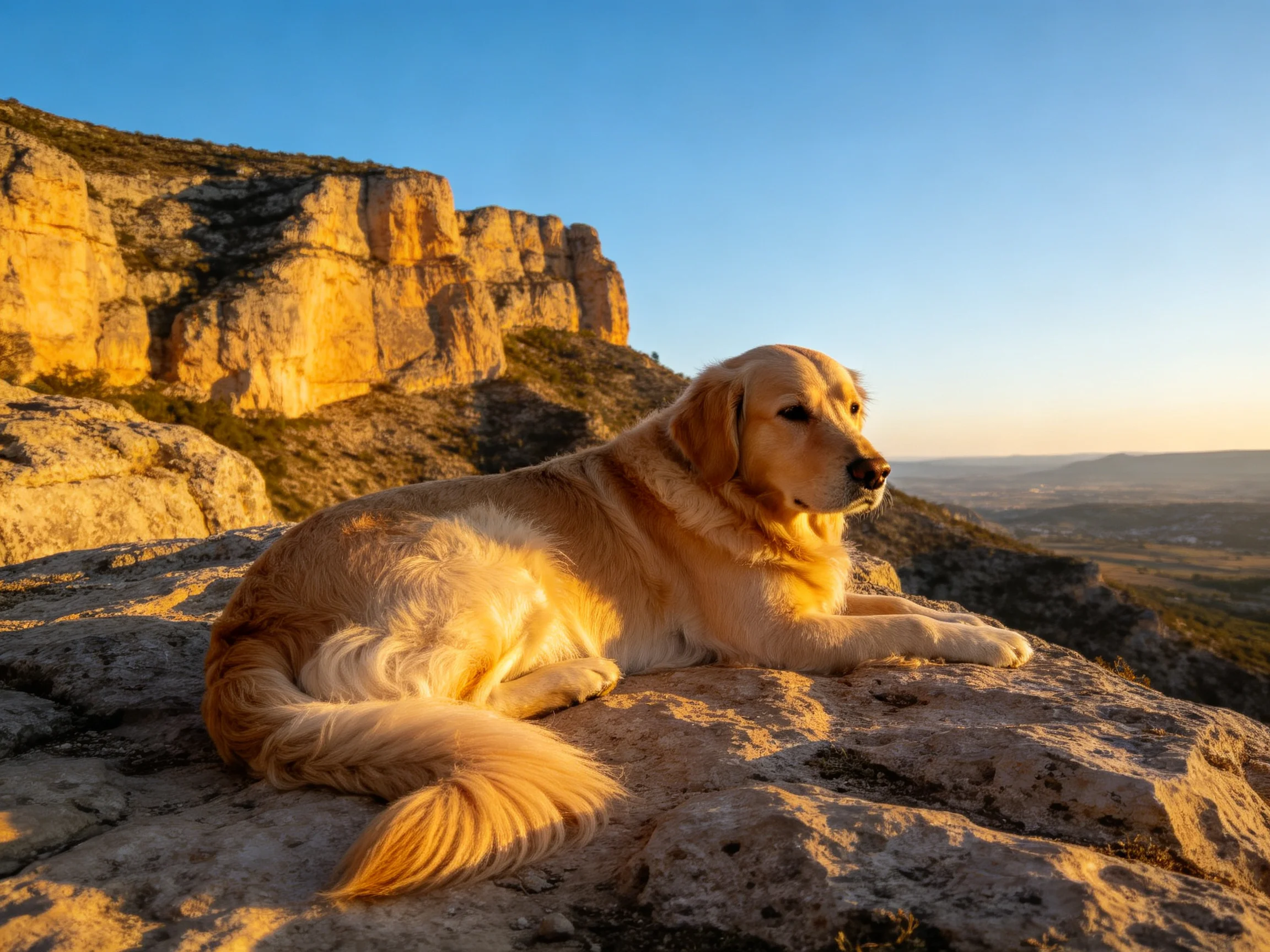 A golden retriever rests near cliffs with a scenic landscape in the background.